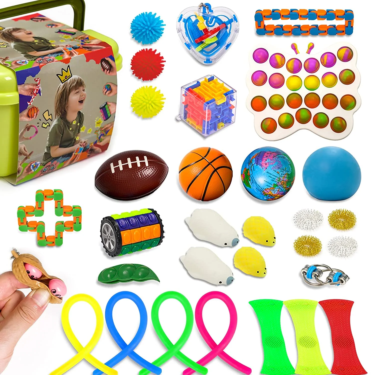 Sensory Toys Set, 34pcs Relieves Stress and Anxiety Fidget Toy for Children Adults, Hand Toys, Soybean Squeeze, Flippy Chain, Sensory Rings, Party Toys, Toy Gift with Storage Box
