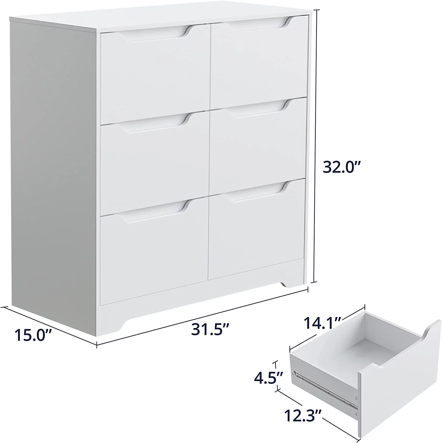 Cozy Castle Dresser with 6 Drawers, Dresser Chest with Cutout Handle, White Dresser Drawer Organizers for Kids Bedroom, Modern Dresser for Bedroom, Living Room, Office, White
