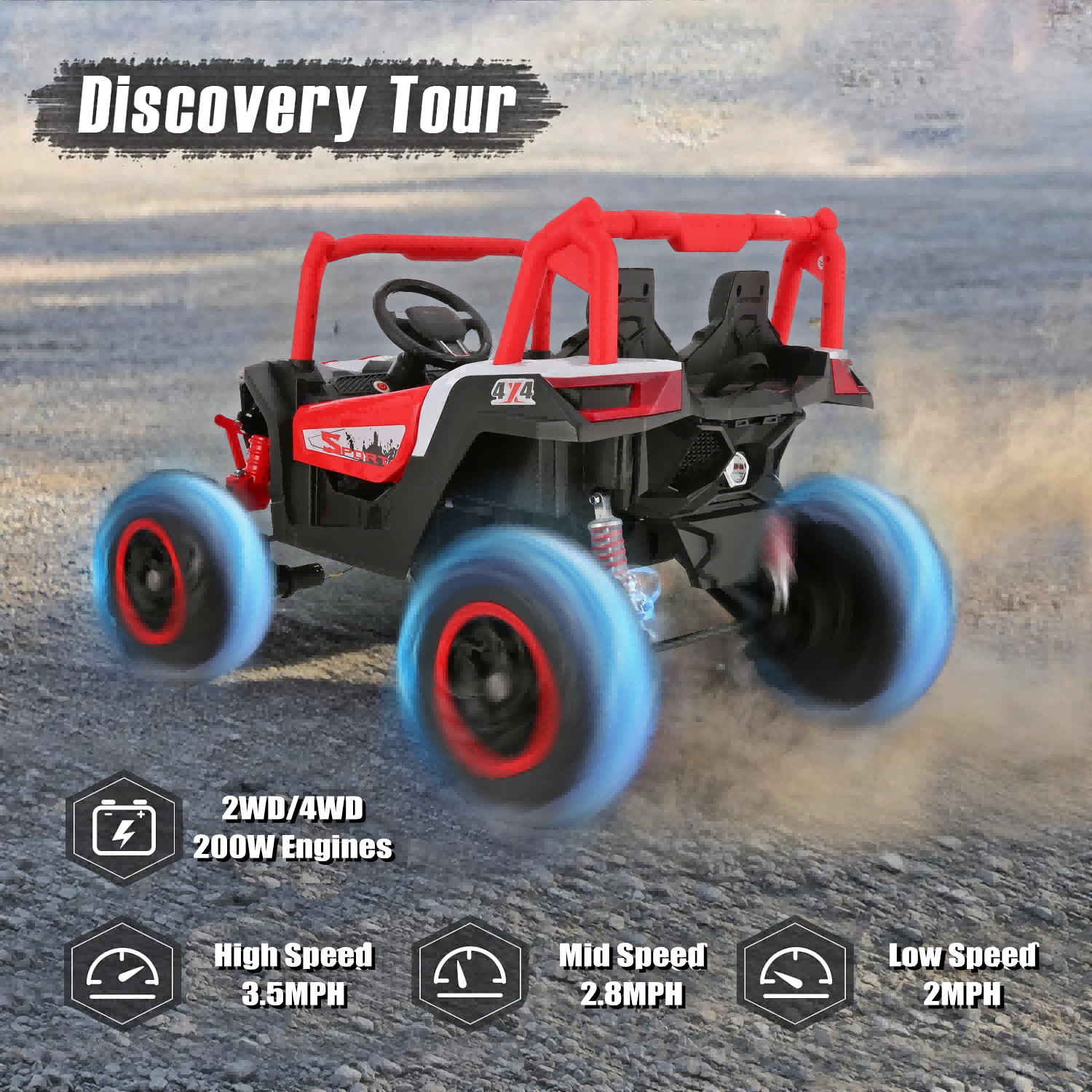 VIBESPARK 24V 4WD 2 Seater Ride on Toys, 4*200W Motor, 7AH Ride on Car 4 Wheeler Ride on UTV Vehicle with Remote Control, Spring Suspension, 3 Speeds, Bluetooth for Big Kids Boys Girls Red