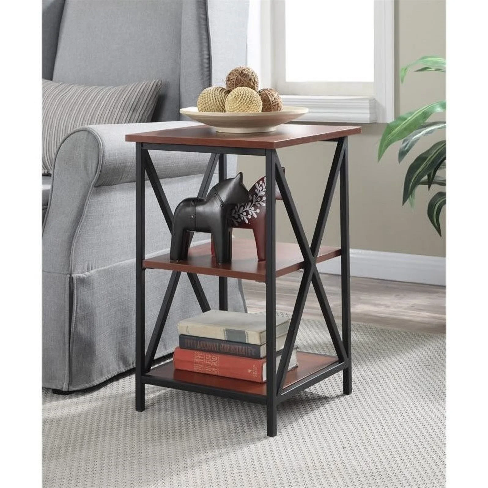 Pemberly Row 3-Tier Transitional Wood/Metal End Table in Cherry