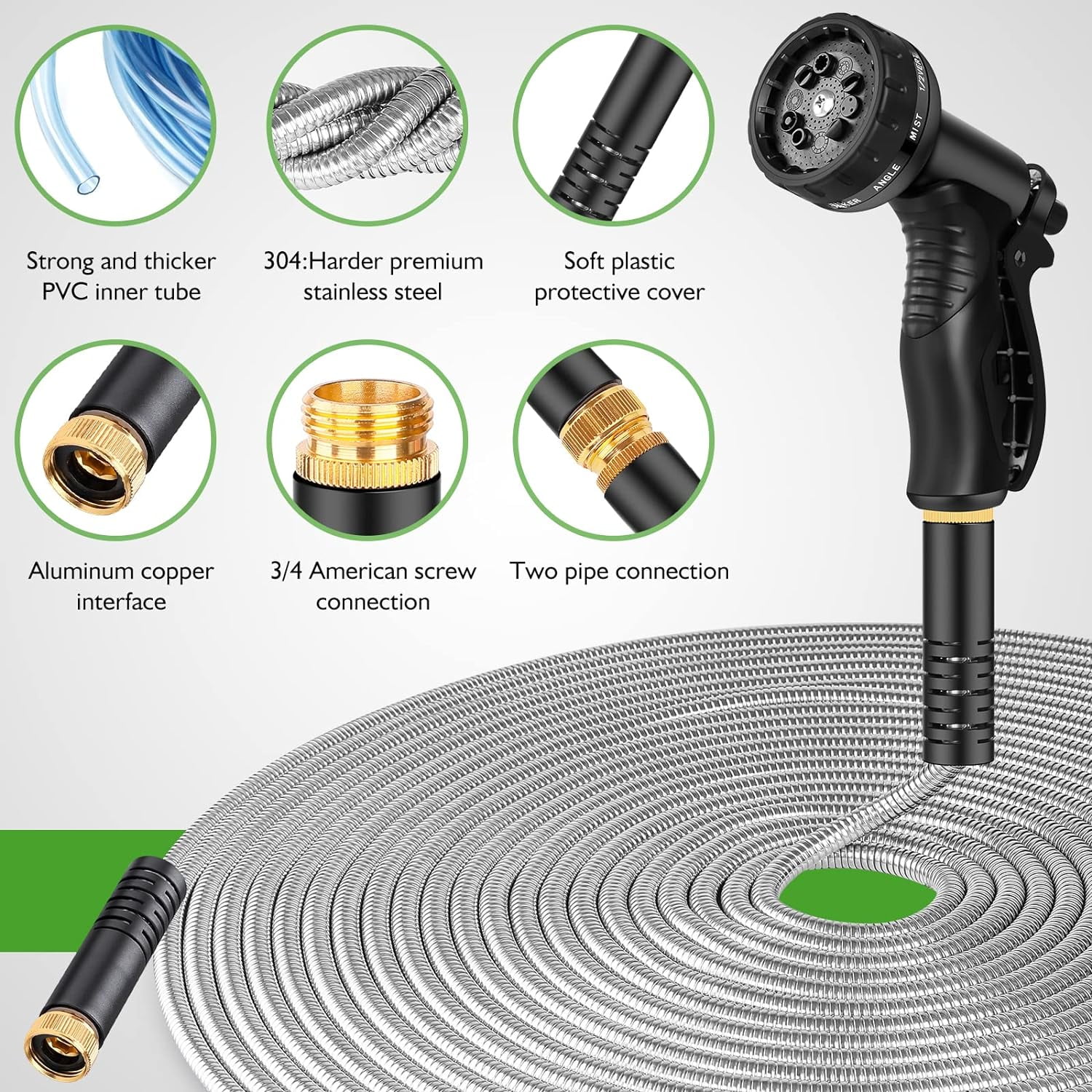 Metal Garden Hose 100FT, Stainless Steel Heavy Duty Water Hose With 10 Function Nozzle, No-Kink, Tough & Flexible, Sturdy and Lightweight, Rust Proof for Yard, Outdoor, RV