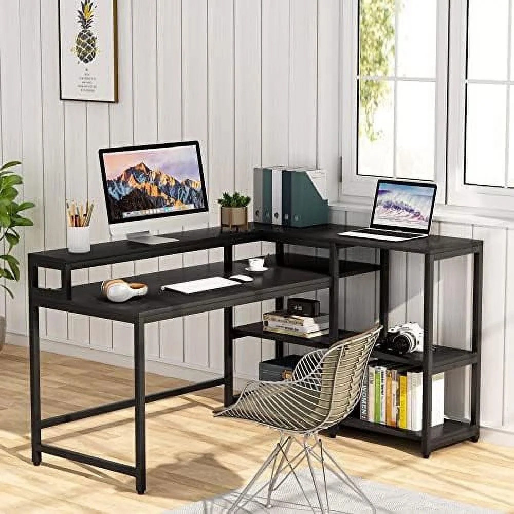 FDSHOIYN 53 Inch Reversible L Shaped Desk with    Modern Black Marble Corner Desk with Shelves and Monitor Stand  Gaming Desk for Home Office （53" D x 41" W）