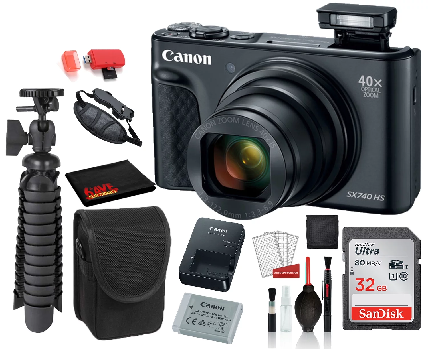 Canon PowerShot SX740 HS Digital Camera (Black) (2955C001) with Accessory Bundle package deal ' SanDisk 32gb SD card + Camera Case + 12' Tripod + MORE