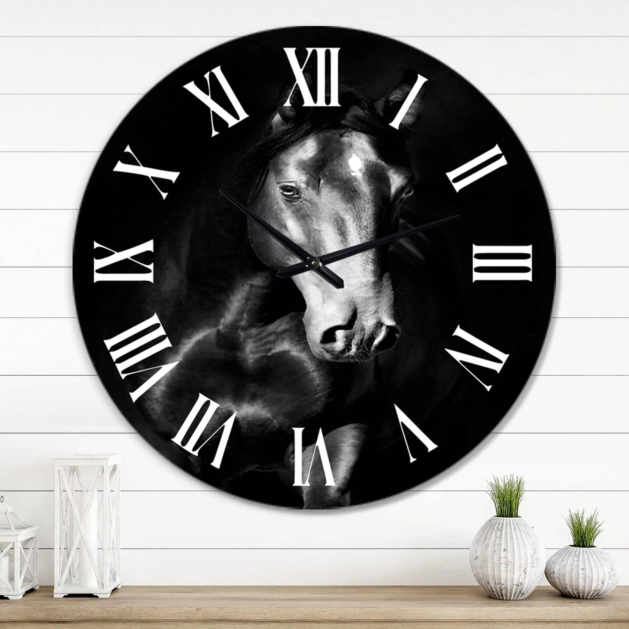 DESIGN ART Designart 'Portrait Of Black Kladruby Horse' Farmhouse wall clock 16 In. Wide x 16 In. High