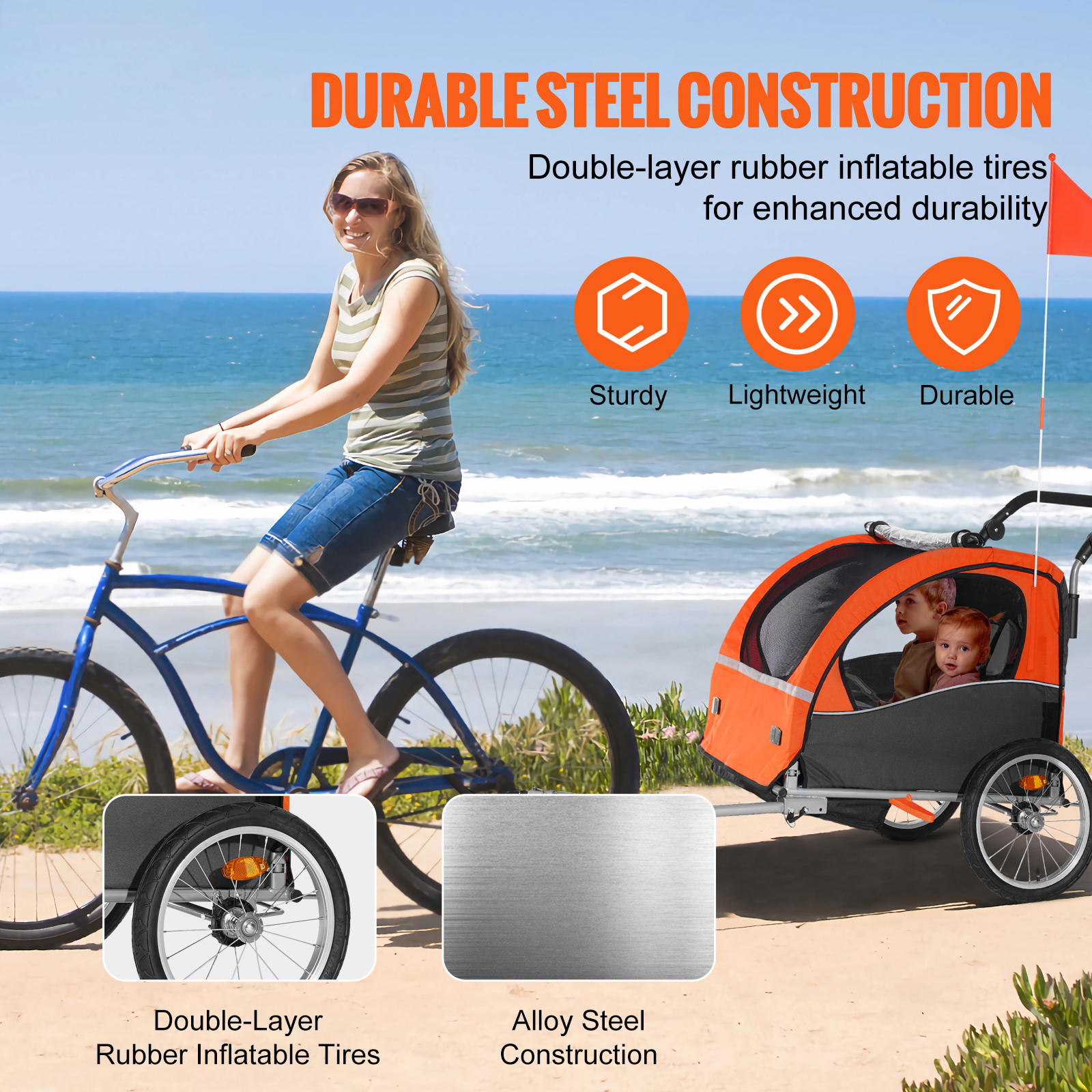 SKYSHALO 100 lbs Kids Bike Trailer Foldable 2 Seater Stroller Double Child Carrier