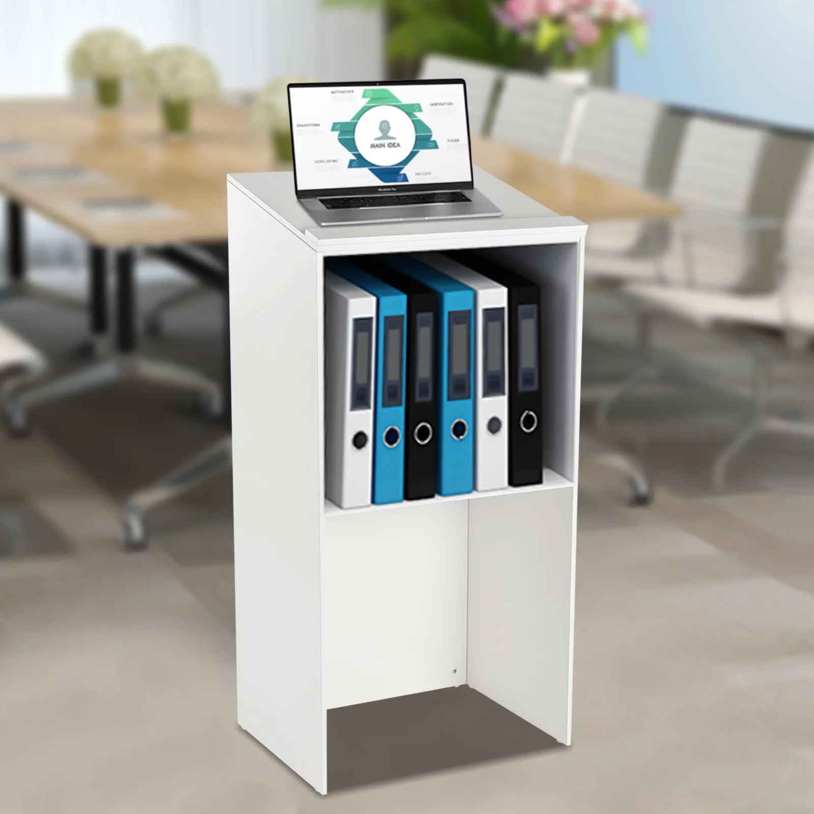 Aiqidi Portable Presentation Podium, White Floor Standing Lectern Desk Slanted Conference Pulpit for Churches Restaurant Classroom