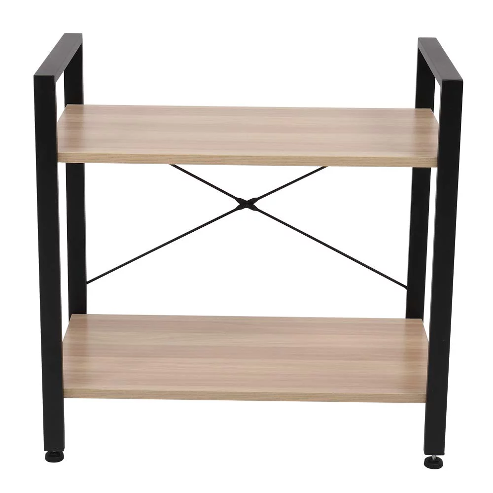 Small Industrial Bookshelf, 2 Tier Freestanding Bookcase, Modern Home Decor Metal Frame Book Shelves for Living Room, Bedroom, Home, Office (24 x 13 x 23 Inches, Oak)