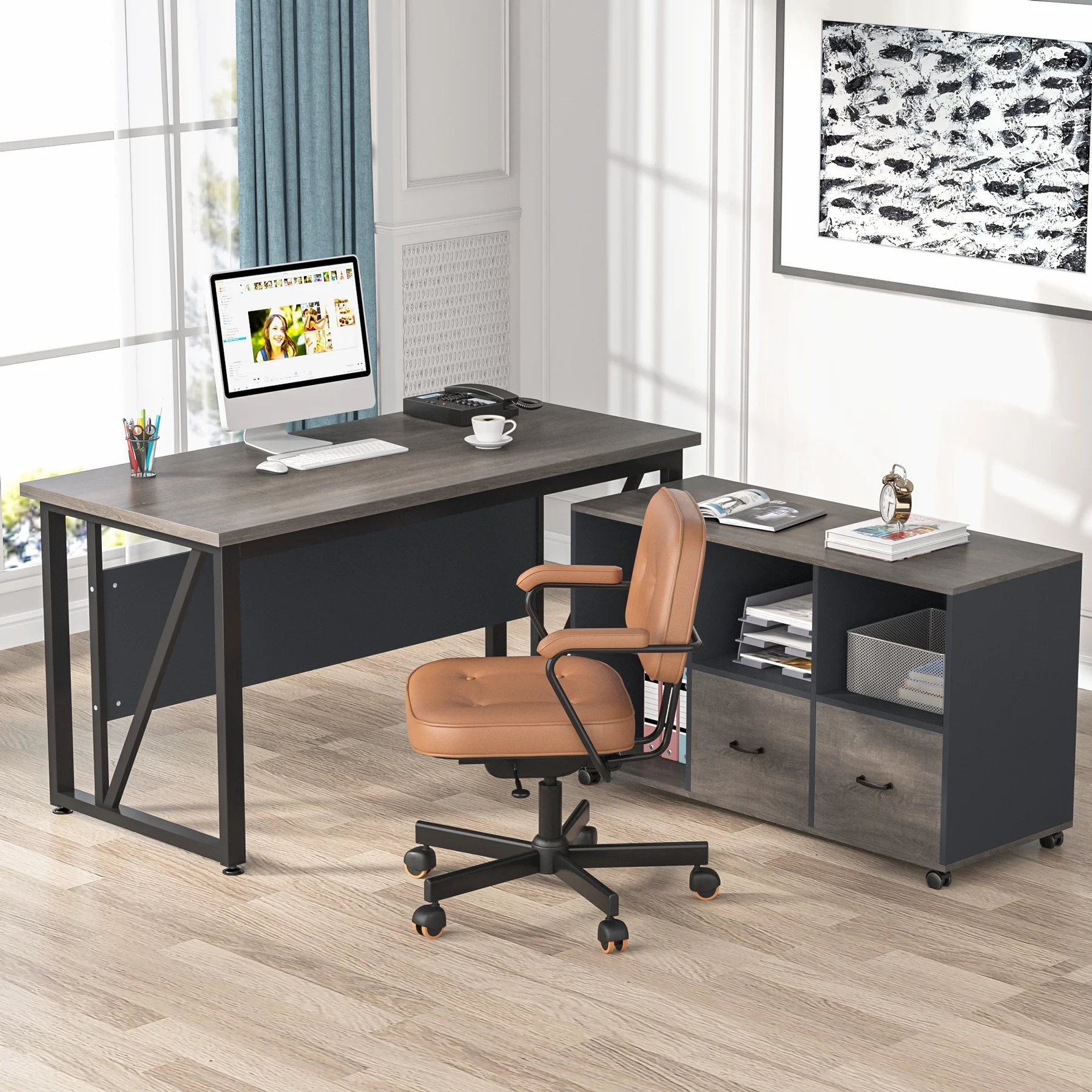 Tribesigns L-Shaped Desk, 55 inch Executive Desk with File Cabinet, Drawers and Shelves