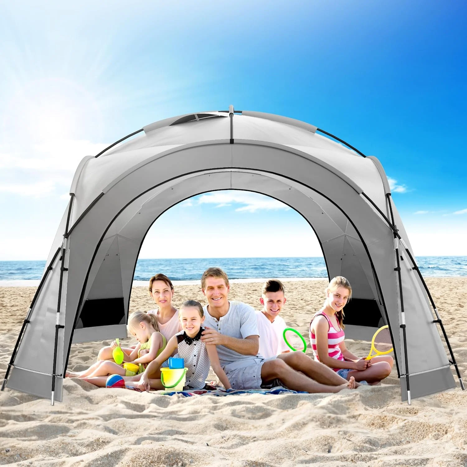 YANRUI 10 Person Beach Tent Beach Canopy UPF50+ Dome Tent Rainproof Portable with 2-Pcs Side Walls for Camping Trips, Hiking, Picnics, Party, Backyard Sun Shelter 12 X 12ft (Gray)