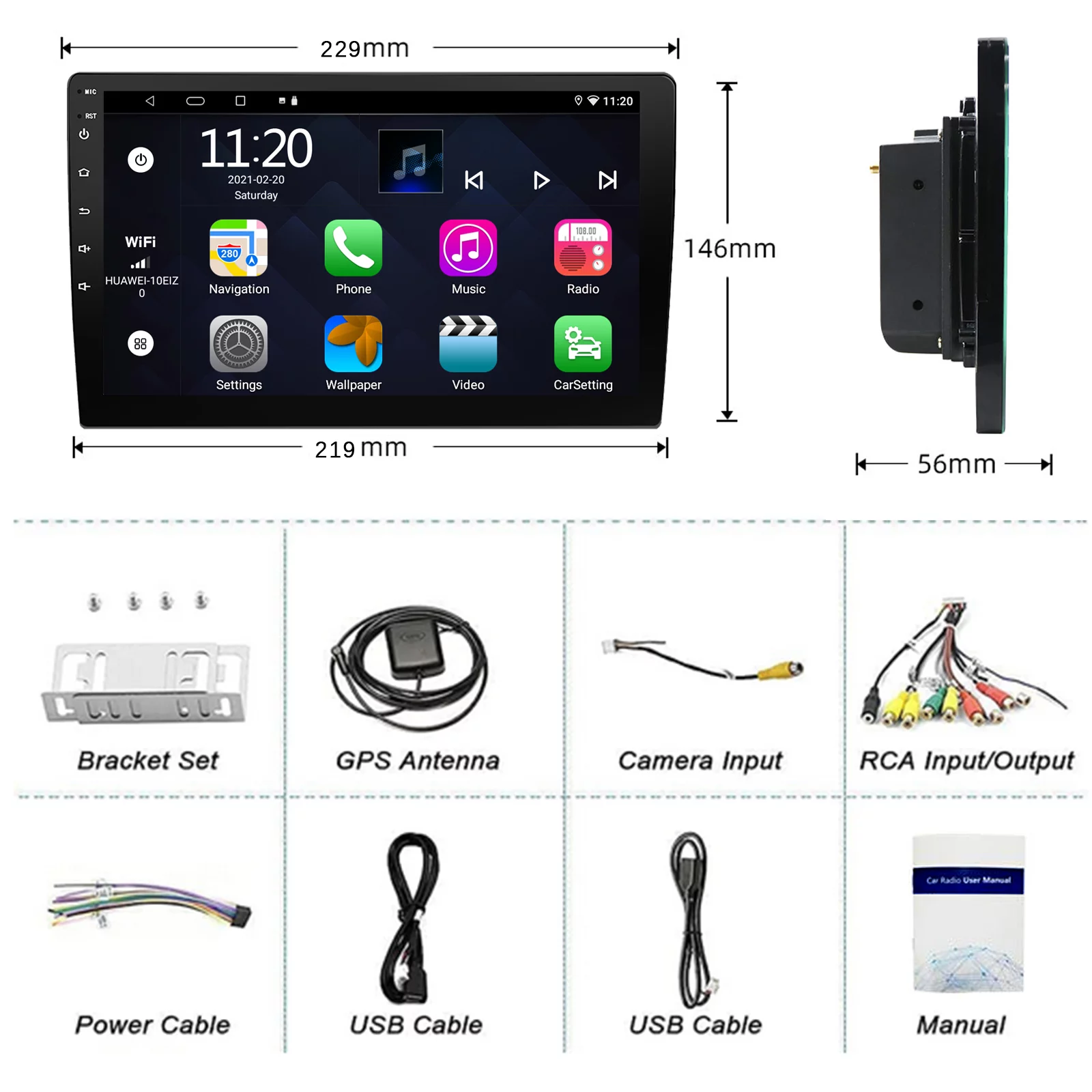 Binize double din car stereo 9inch Android10 Featuring CarPlay,Android Auto,Mirrorlink,Supports backup camera,Bluetooth,SWC,EQ setting