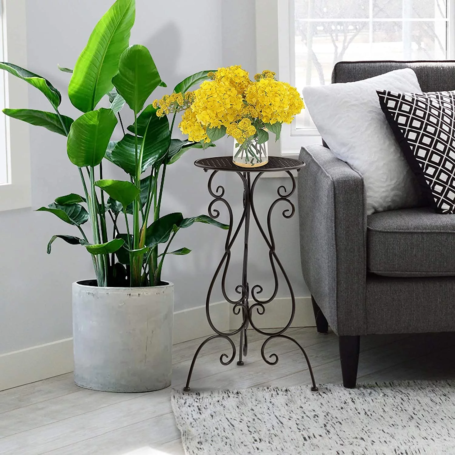 22.5in Tall Plant Stands 2 Pack, Indoor Outdoor Metal Flower Pot Holders, Heavy Duty Plant Pedestal for Patio, Balcony, Porch, Garden, Brown