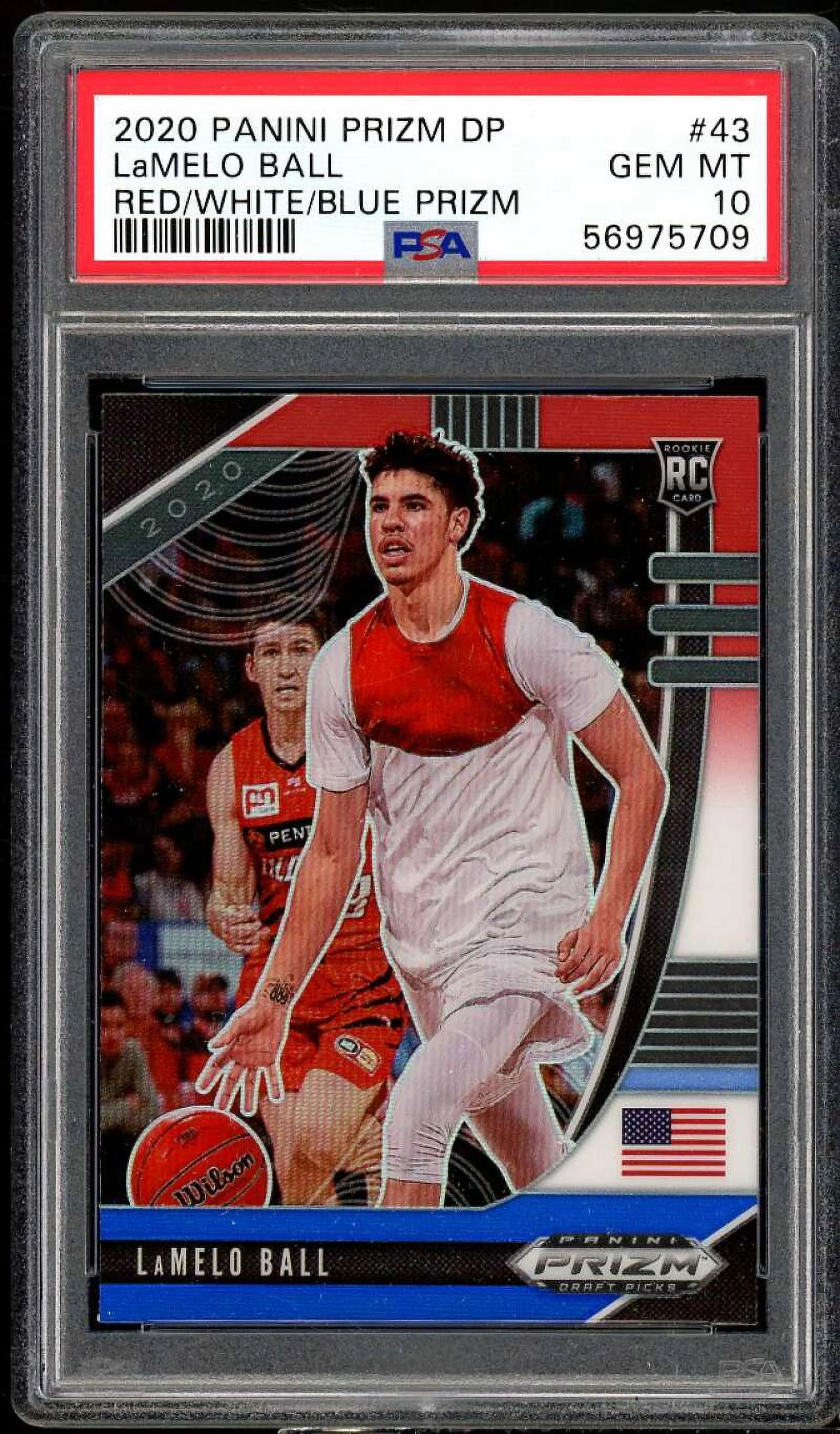 LaMelo Ball Rookie Card 2020-21 Panini Prizm DP Red White Blue Prizm #43 PSA 10