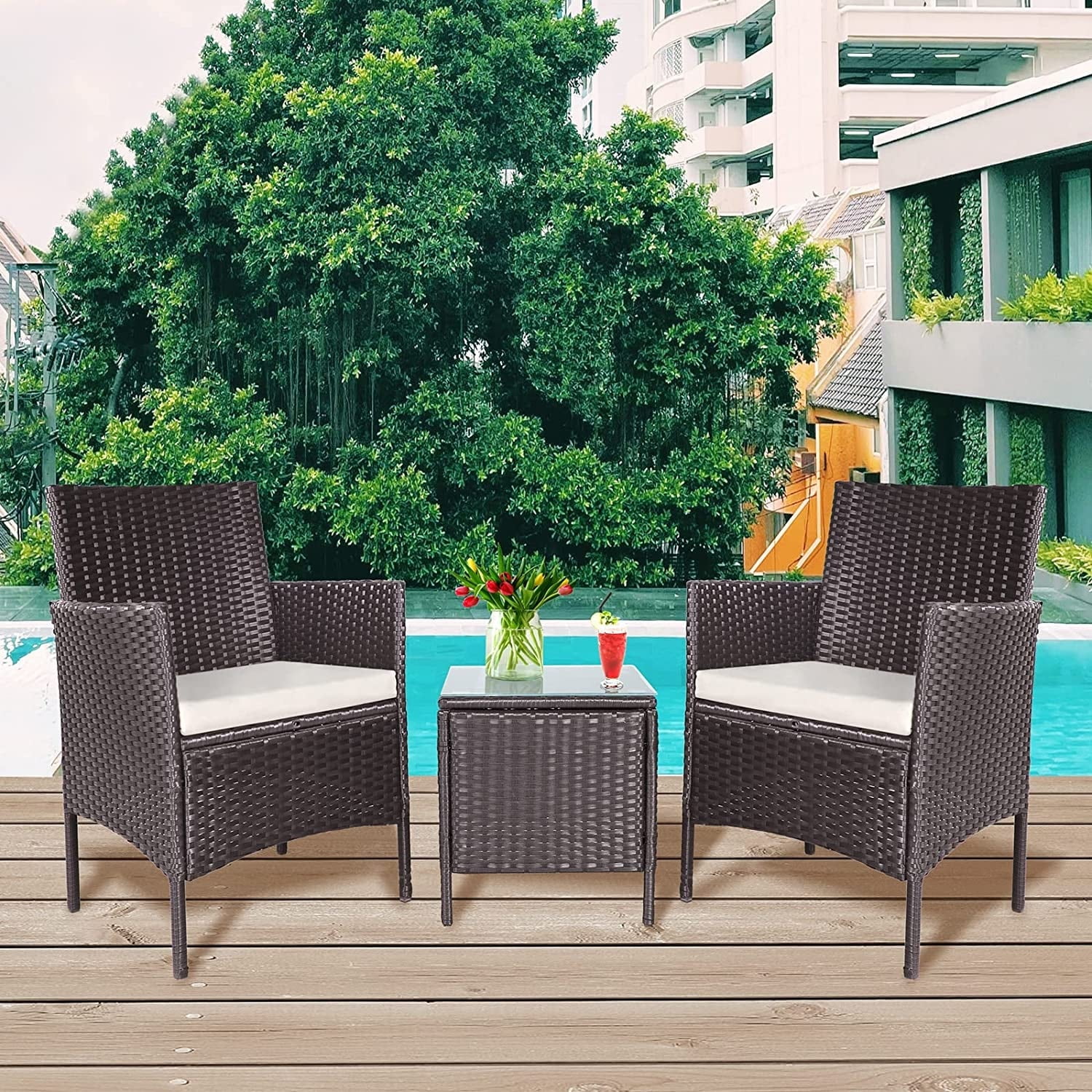 Havenside Home Pheap Outdoor 3-piece Cushioned Wicker Bistro Set by  Black/Light Blue