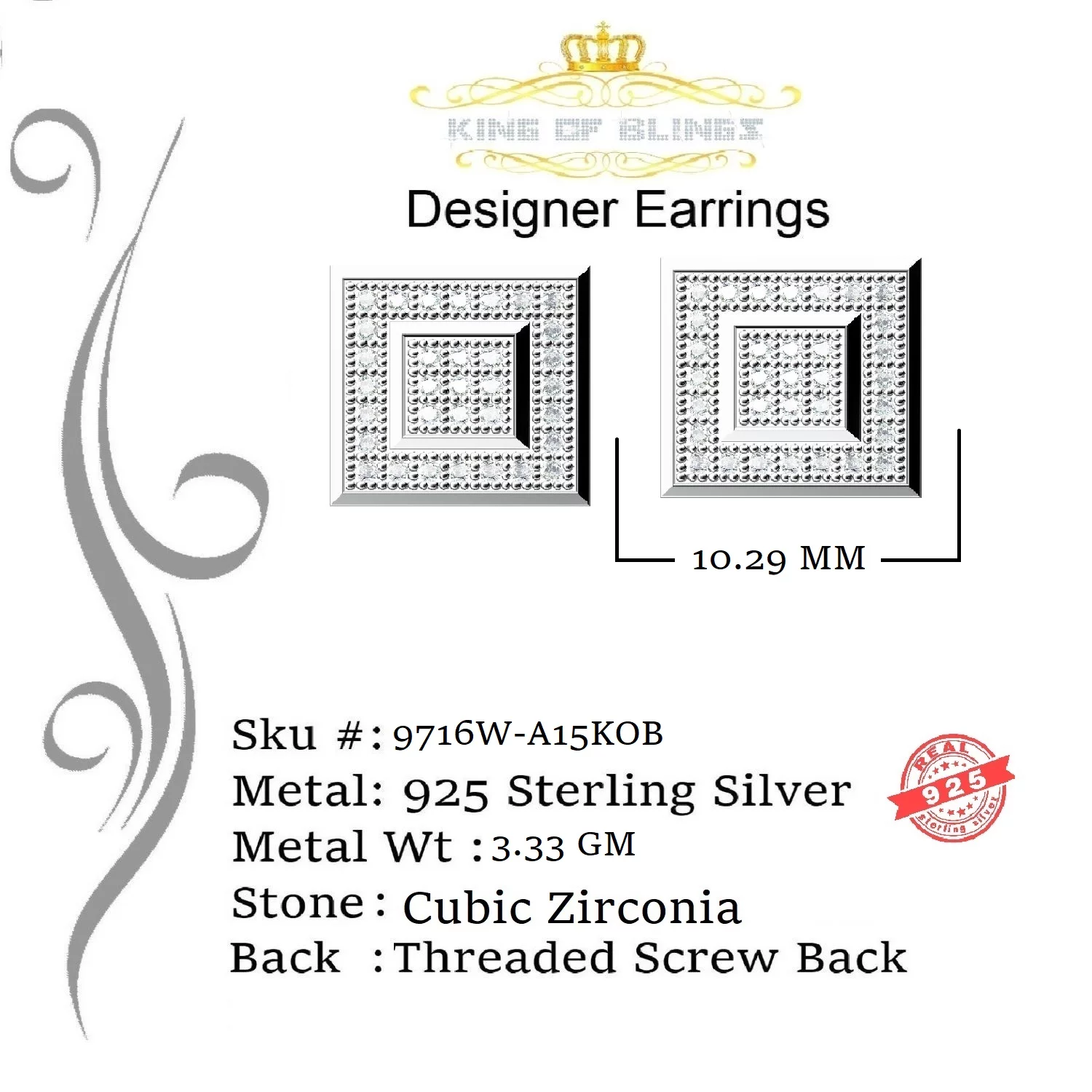 King of Bling's White Sterling Silver 0.66ct Cubic Zirconia Hip Hop Square Stud Women's Earrings