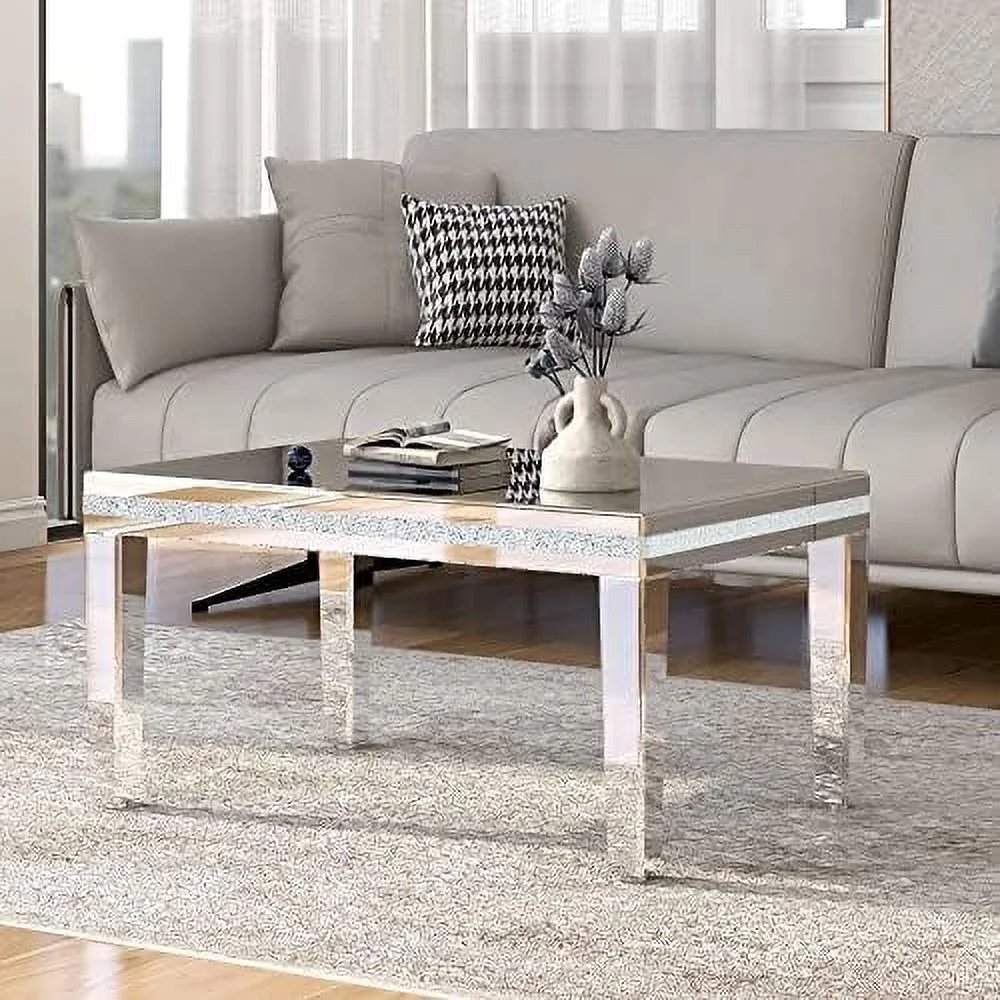 YPDCHB Glass Mirrored Coffee Table with Crystal Design & Adjustable Height Legs  Modern Center Table with Sturdy Design  Luxury Contemporary Cocktail Table for Living Room  Silver