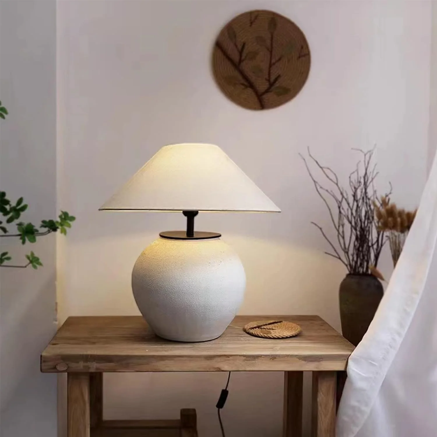ZWNLKQG Farmhouse Rustic Table Lamp  Modern White Ceramic Table Lamp  Southwest Style Table Lamp with Linen Fabric Drum Shade for Living Room Bedroom Bedside Nightstand (Big)