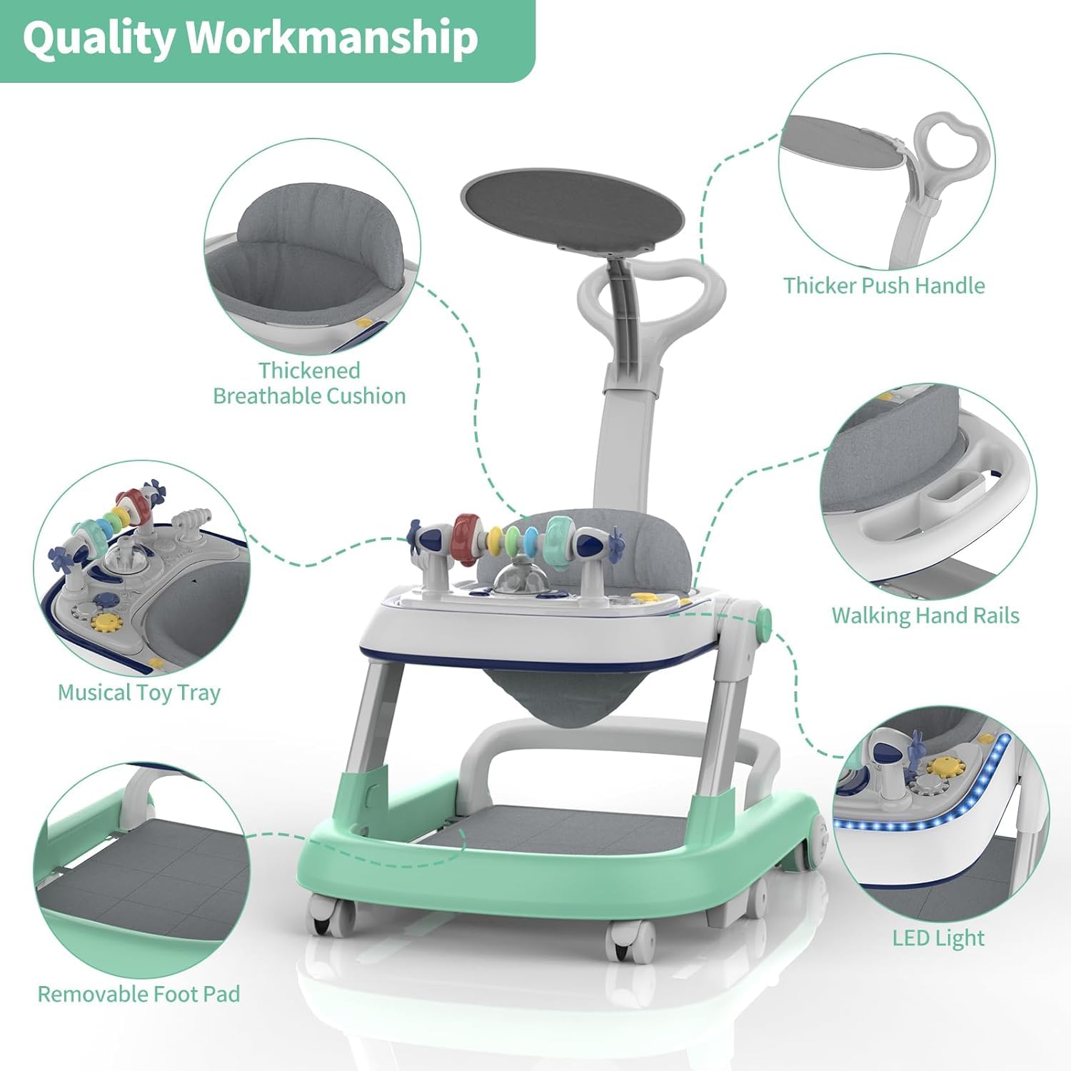 Foldable Baby Walker, Toddler Walker Bouncer, Learning-Seated, Music, Adjustable Height, High Back Padded Seat, Baby Walkers and Activity Center, Baby Walkers for Baby Boys and Baby Girls (Green)