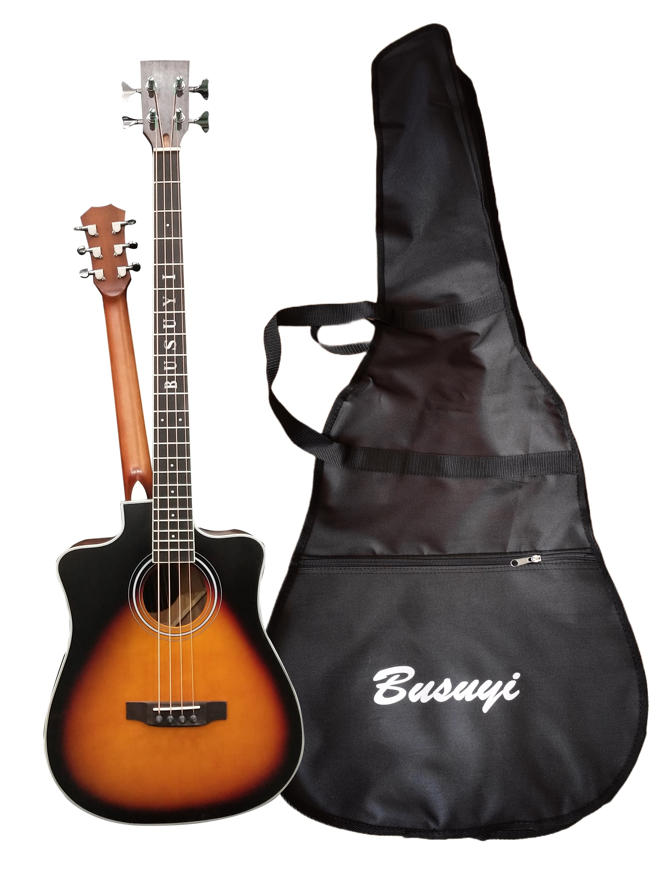 Busuyi Acoustic Electric Guitar 4 String Bass 6 String Lead, Travel Acoustic Guitar with Classical Metal Heel  Double Neck Guitar (Sunset)  All Levels + Drums
