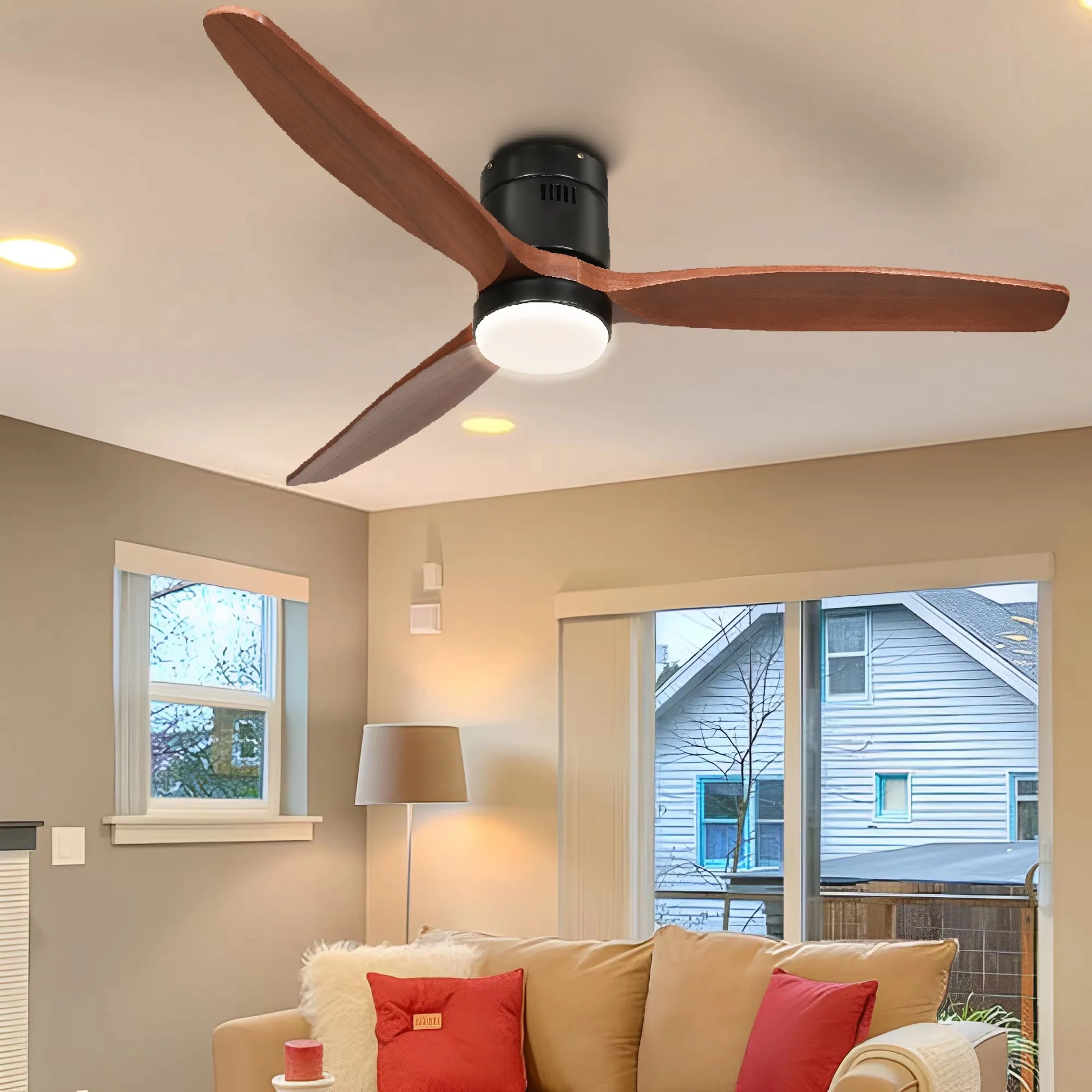 Dextrus 52 Inch Flush Mount Ceiling Fan with Light and Remote Control, Low Profile Smart Ceiling Fan Compatible with Alexa for Indoor Outdoor - Black & Walnut