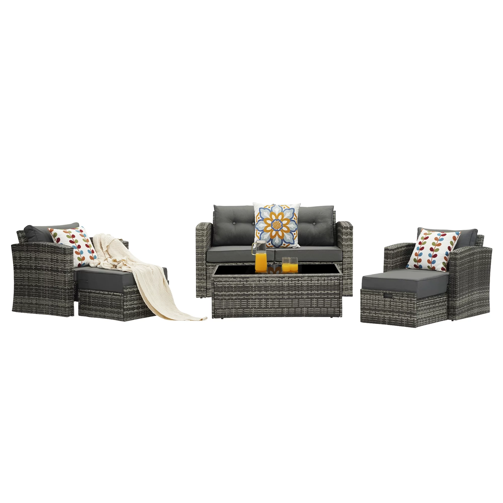 Royalcraft Outdoor Patio Furniture Set,7 Pieces Outdoor Sectional Wicker Sofa PE Rattan Conversation Sets with Non-slip Cushions,Aluminum Frame,Grey