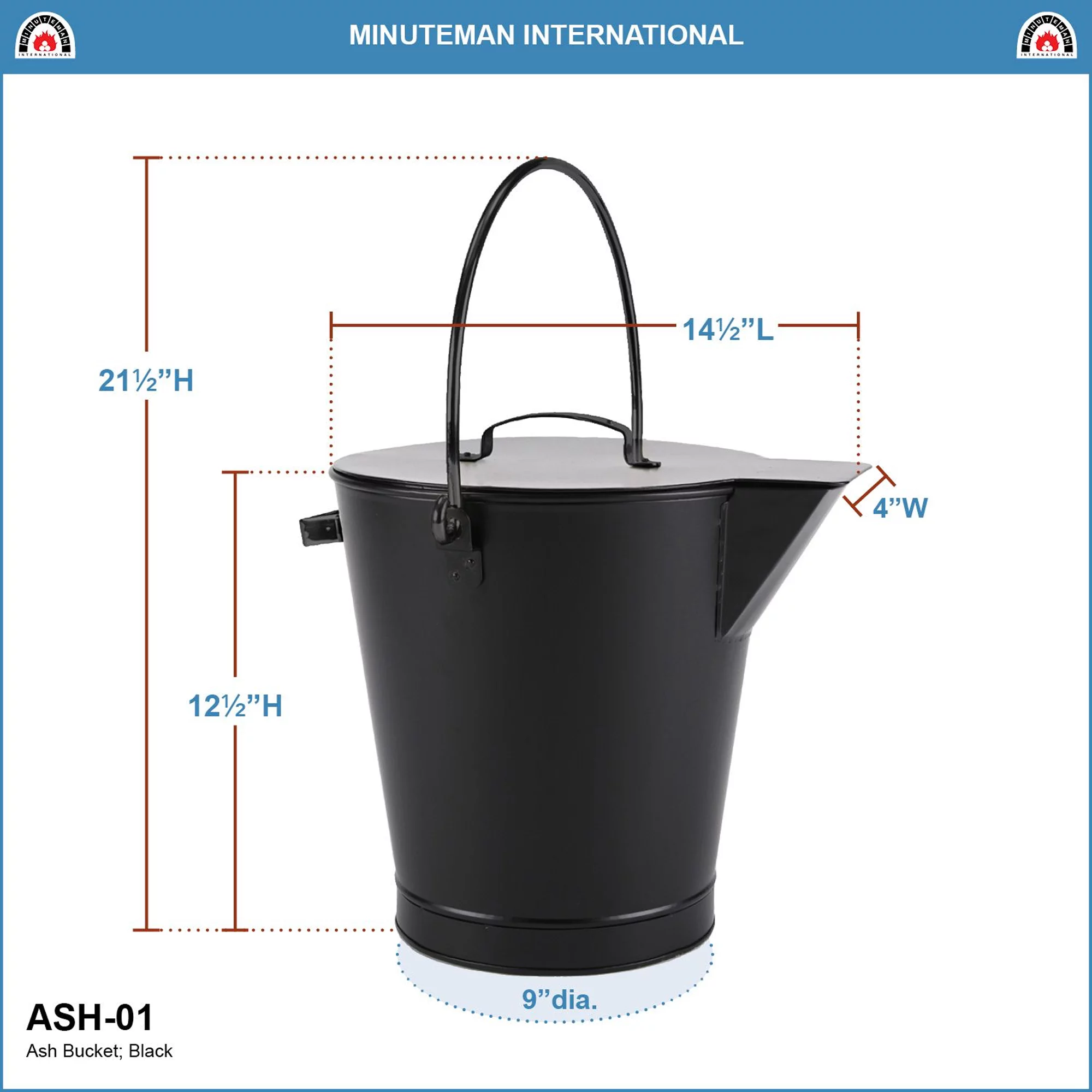 Minuteman International Powder Coated Steel Ash Pail w/ Handle, All Black