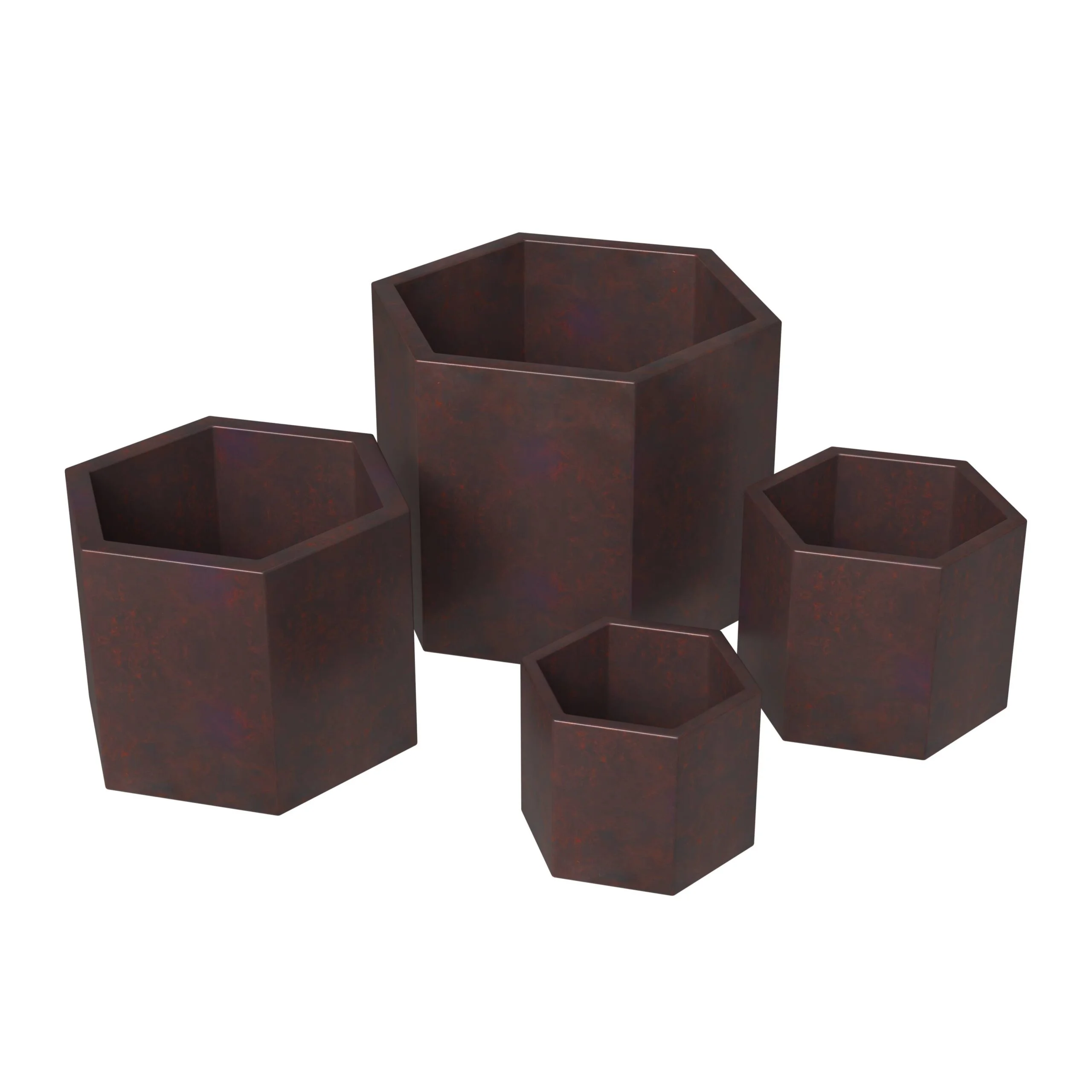 LeisureMod Thicket Modern 4-Piece Fiberstone Planter - Hexagon Design Weather Resistant Plant Pot with Drainage Holes for Indoor and Outdoor, Brown