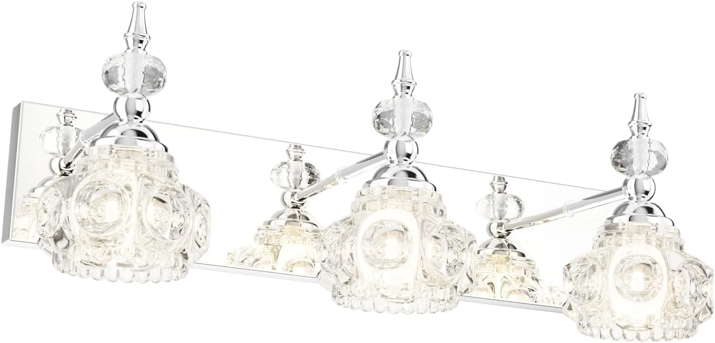 KUANGHENG Modern Bathroom Vanity Lighting Fixtures 3-Lights Industrial Stainless Steel Chrome Finish with Crystal Glass Vanity Lights Farmhouse Bath Lighting(Exclude Bulb)