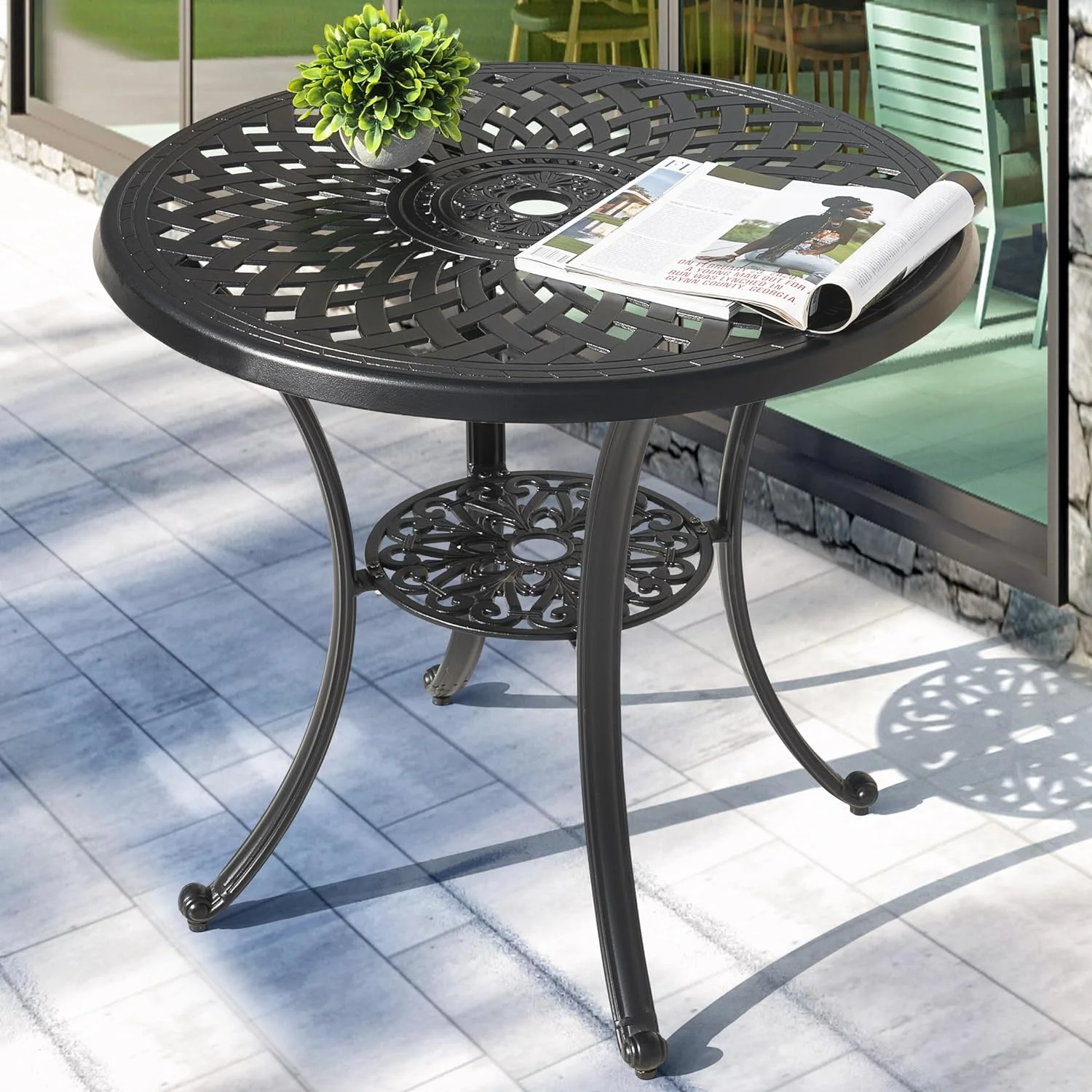 31 Inch Patio Dining Table, Cast Aluminum Patio Table with Umbrella Hole, Round Outdoor Bistro Table for Backyard, Garden, Patio, Porch, Black with Antique Bronze Edging
