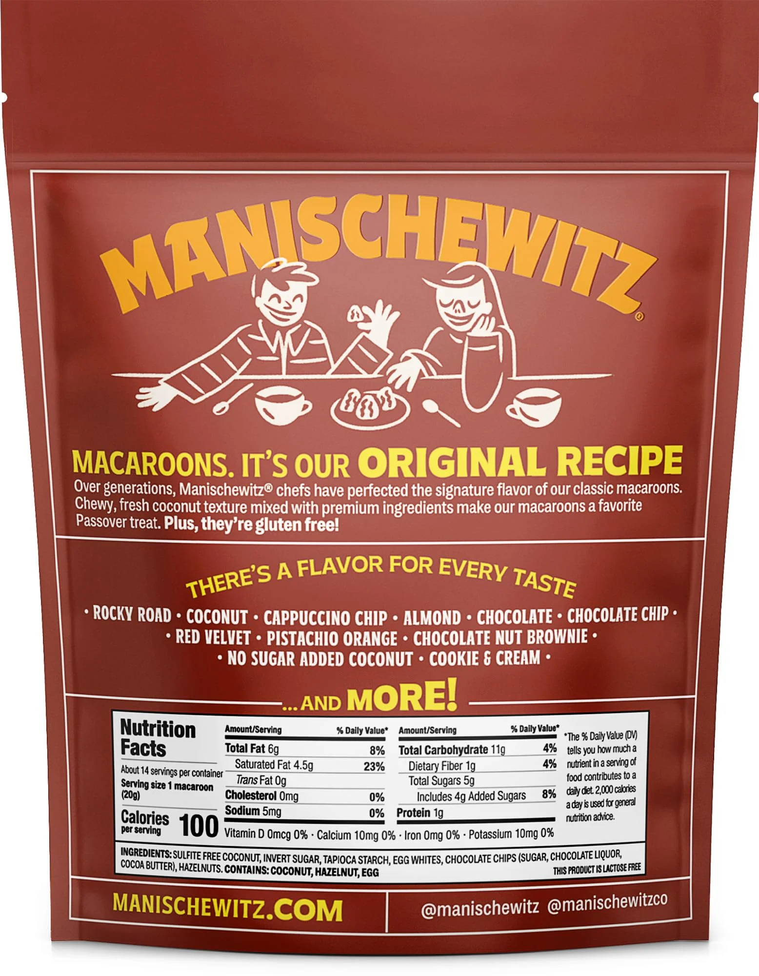Manishewitz Hazelnut Chocolate Chip Macaroons, 10oz | Resealable Bag, Dairy Free, Gluten Free, Kosher (including Passover)