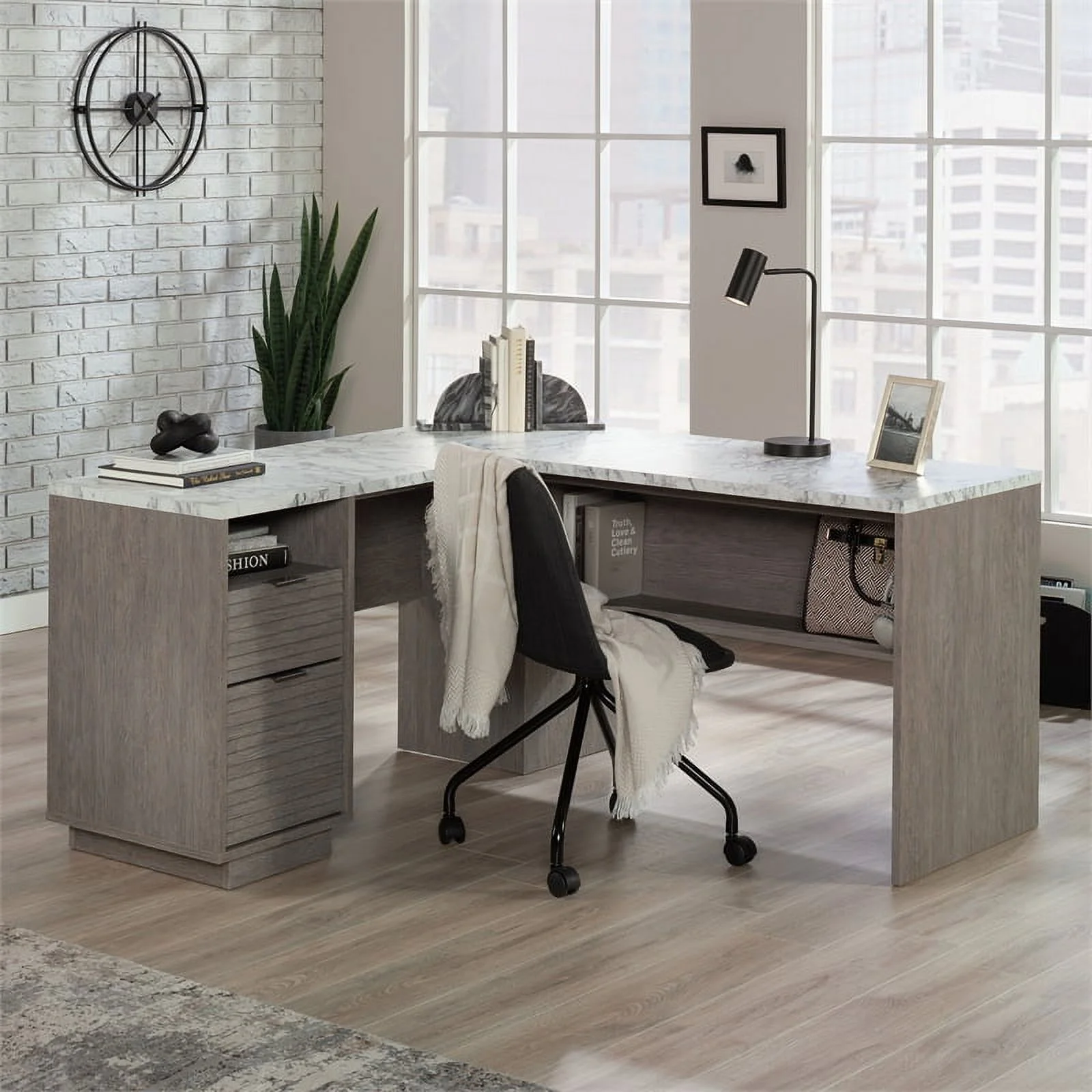 UrbanPro Modern Engineered Wood L-Shaped Desk in Ashen Oak Finish