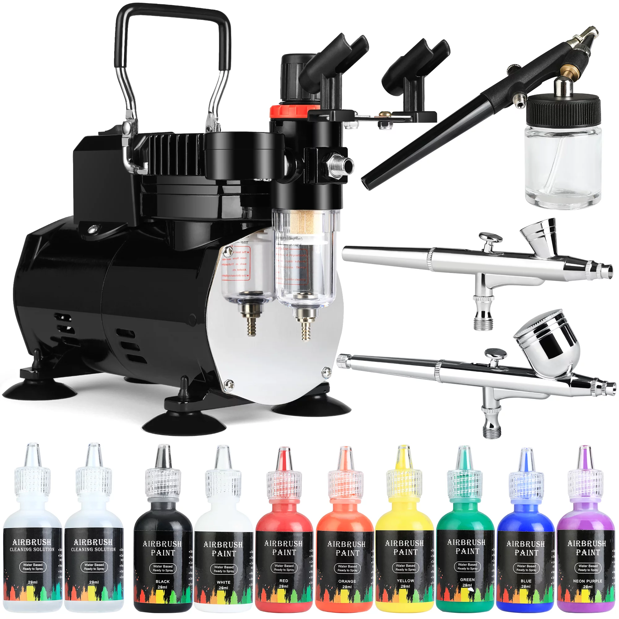 HITIK Airbrush Kit with Compressor,8 Paints, 3 Airbrush Guns, Dual Action