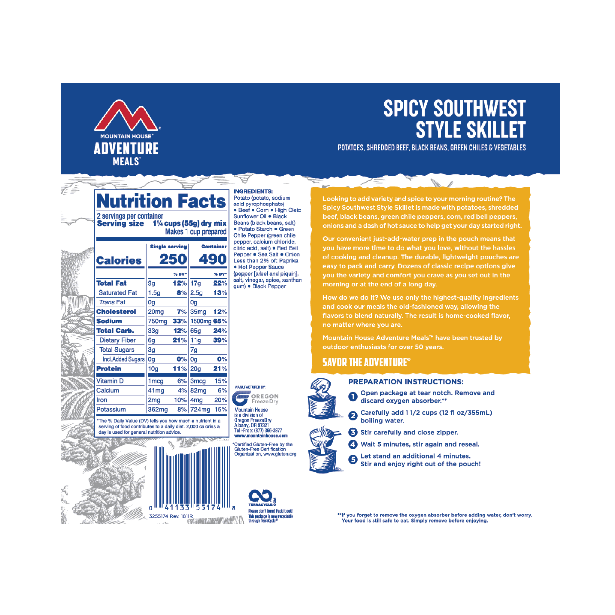 Mountain House 3.9oz Freeze-Dried Spicy Southwest Style Skillet, 2 Servings