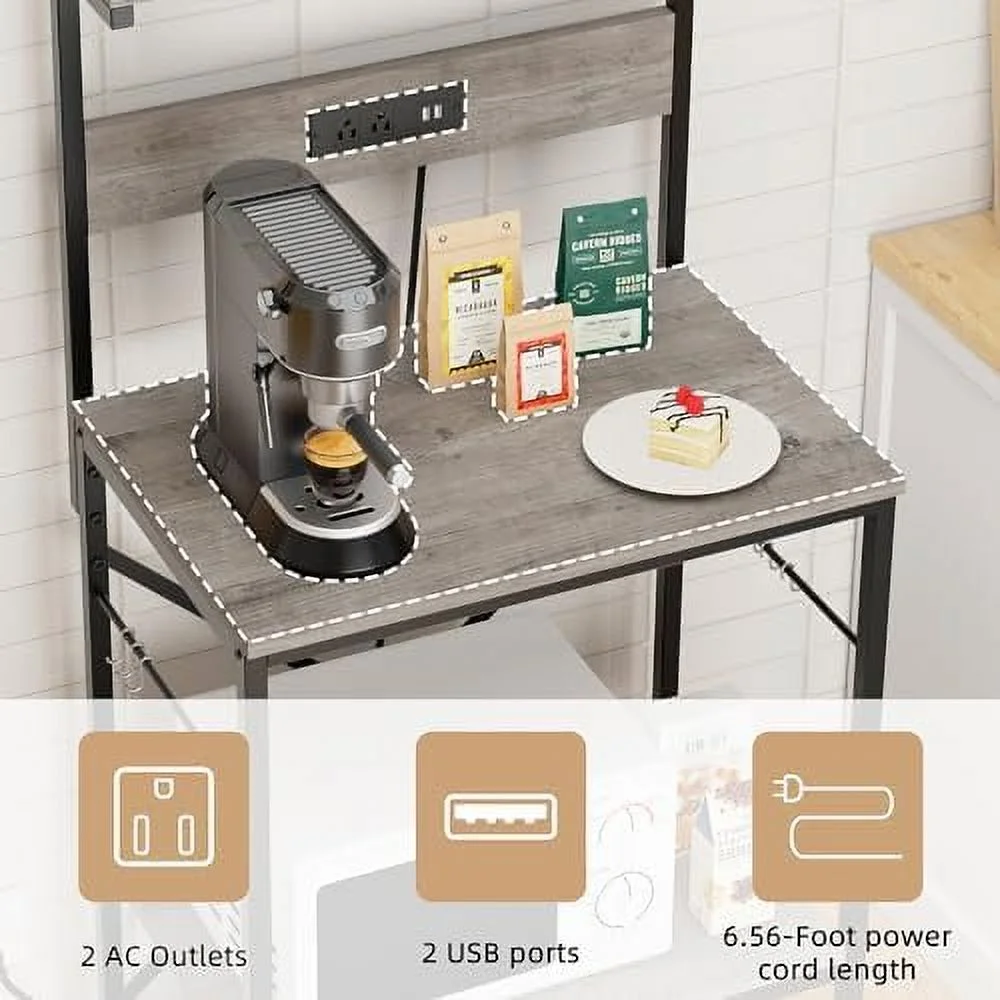 MQLIFEBOOM Kitchen Bakers Rack with Power Outlet  Coffee  Cabinet  Kitchen Cart  Large Microwave Stands Cart with 6 S-Shaped Hooks  Wine Glass Holder and Basket (35.43''  Rustic B