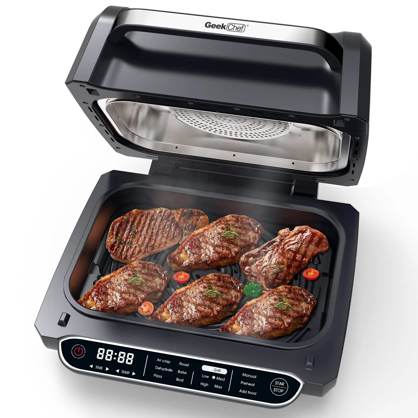 Geek Chef Smart Indoor XL Air Fryer Grill Combo,40 Recipes & 7-in-1 Cooking Functions, Smokeless & Oilless Cooker, Digital Electric Countertop Grill, Temp & Time Control, ETL Certified, 1700W, Black