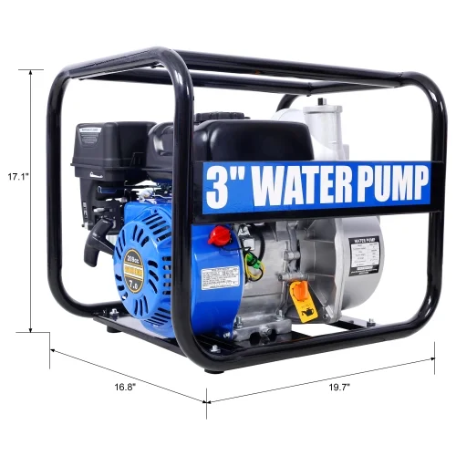 Semi Trash Pump 3 inch, 209cc 7HP 4 stroke OHV ENGINE, Gas Powered Full Trash Water Pump with Handle and Wheels, 50 ft Discharge Hose, 12 ft Suction Hose with Complete Fittings,EPA compliant