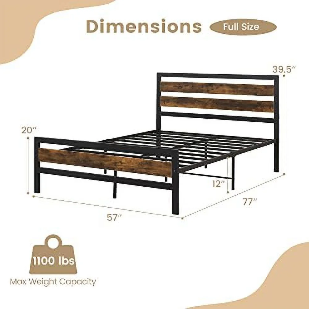 xrboomlife Queen Metal Bed Frame with Charging Station  Industrial Platform Bed with  Headboard  Heavy-Duty Mattress Foundation  Easy Assembly  No Box Spring Needed  Rustic Brown