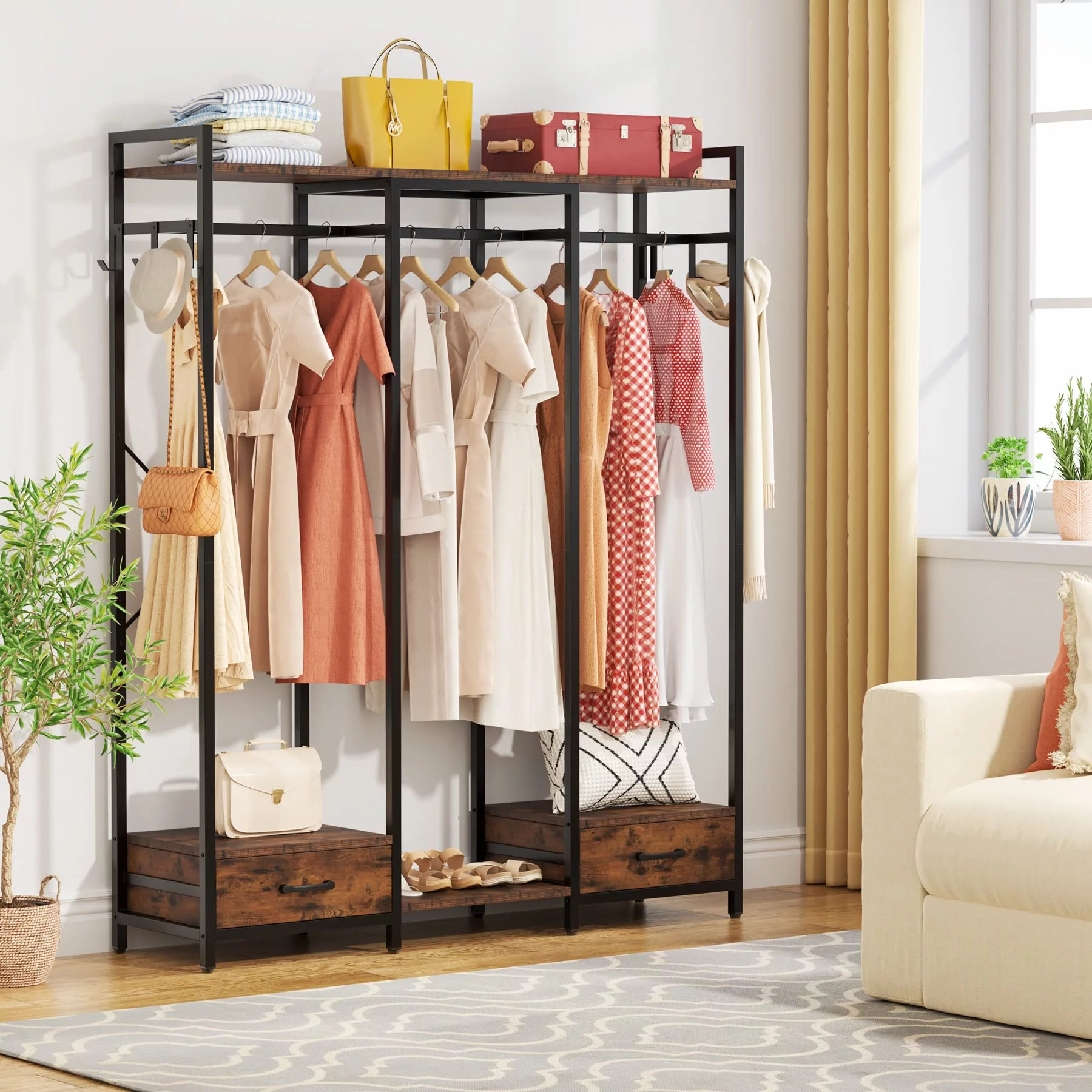 Gamment Rack with Drawers for Bedroom, Freestanding Clothing Rack with Storage Shelves and 6 Hooks