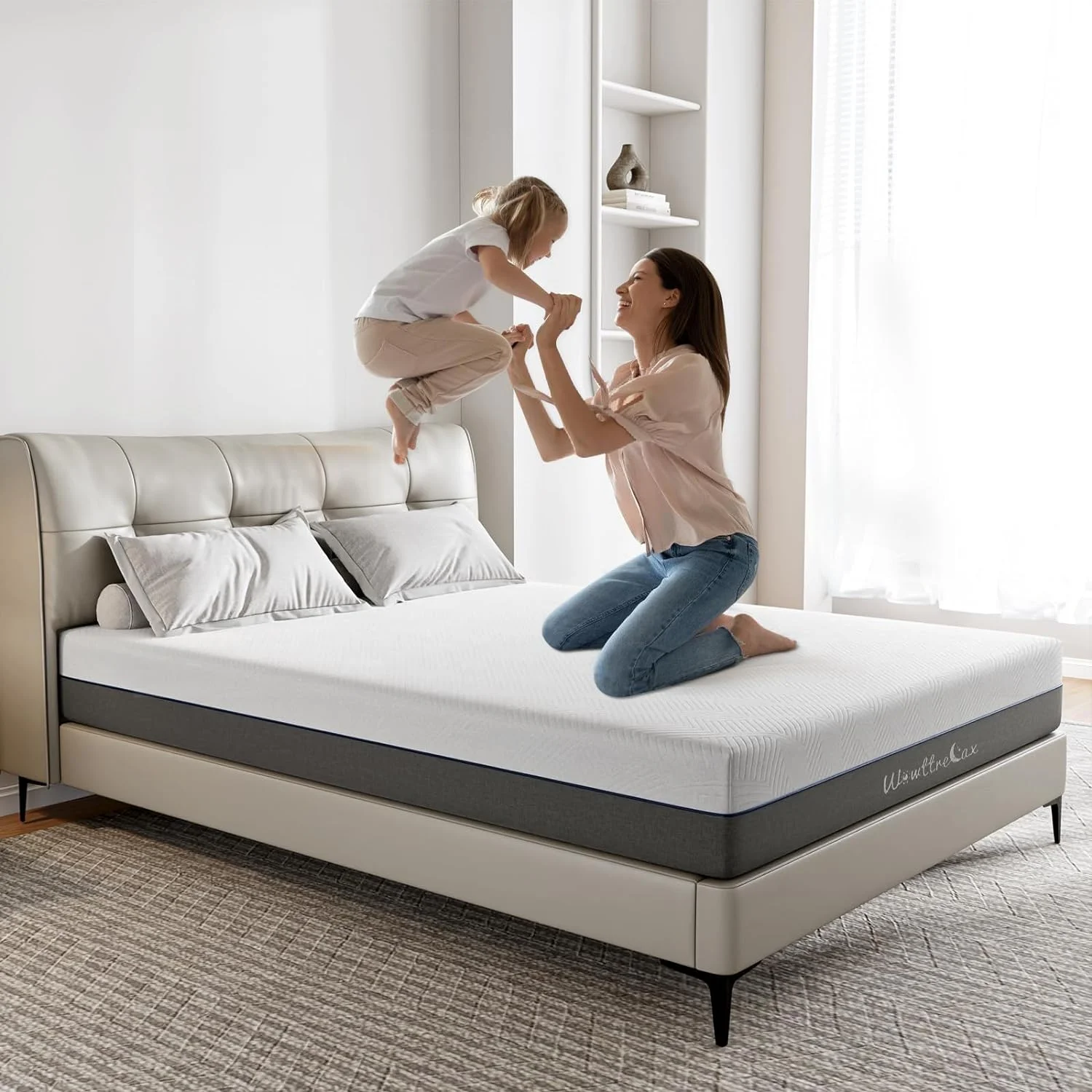 YANRUI Queen Size Memory Foam Mattress 10 inch, 60‘’x780‘’, 2 Layer for More Supportive and Pressure Relief, Medium Firm, Soft Removable Cover Mattress Dark Gray White