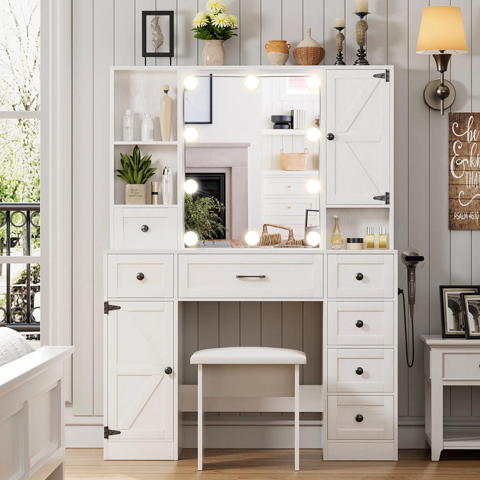 Richya Farmhouse Makeup Vanity Table Set with 3 Colors Lighted Mirror & Drawers and Power Strip for Bedroom & Bathroom,White