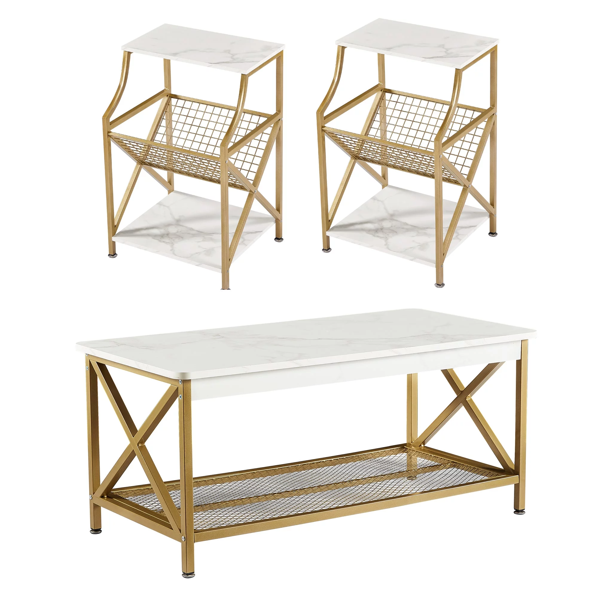 VECELO 3-Piece Coffee Table Set with Coffee Table and 2 End Side Tables, Modern X-Design for Living Room Table Set, Gold
