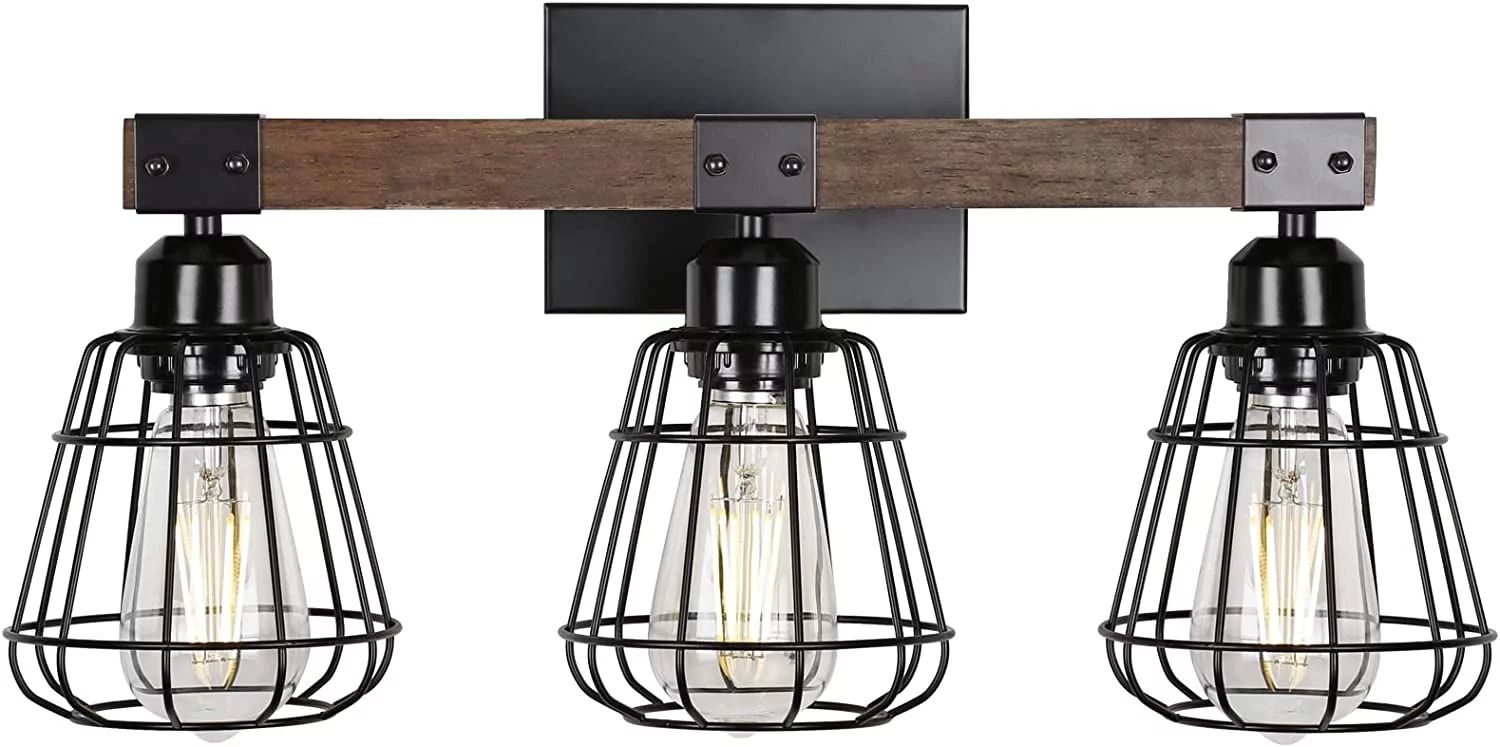 Farmhouse Vanity Light for Bathroom,3-Light Rustic Wooden Industrial Wall Lighting Fixture Over Mirror,Modern Matte Black Metal Cage Wall Sconce for Hallway,Kitchen,Bedroom