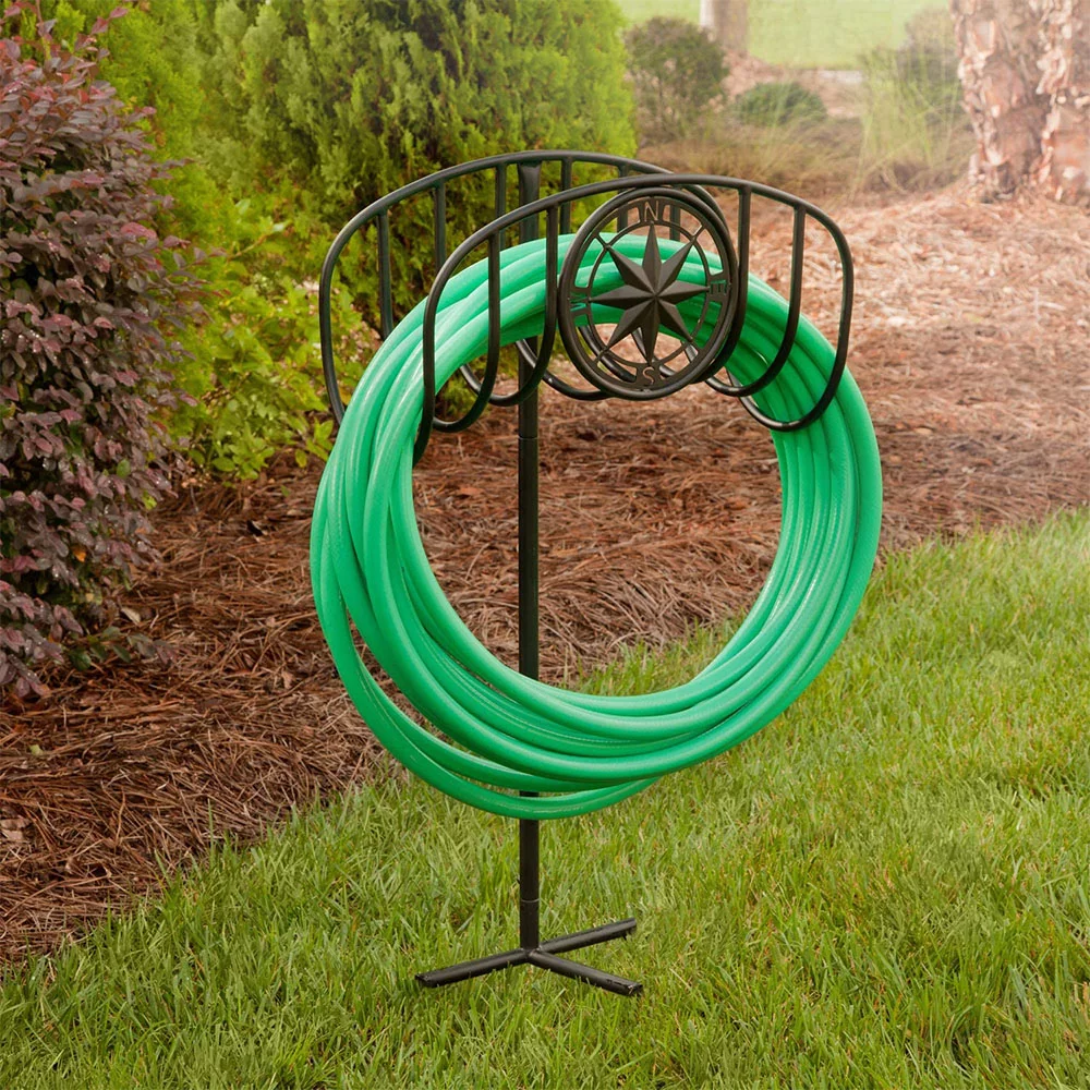 Liberty Garden 3-Prong Gauge Manger Compass Water Hose Stand with Shelf