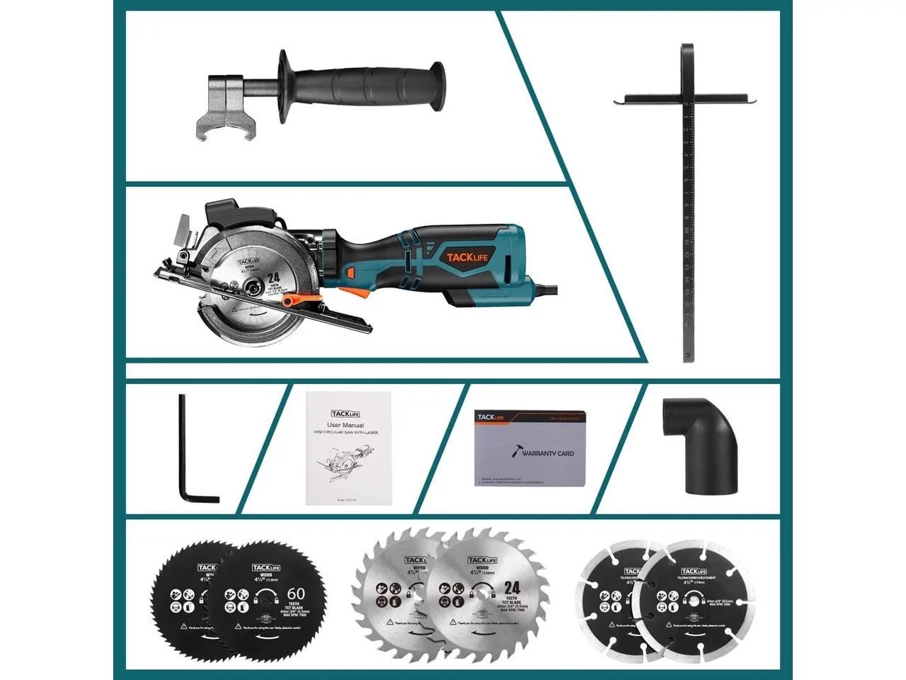 TACKLIFE Mini Circular Saw, 5.8A 3500RPM, Metal Handle With 6 Blades (4-3/4