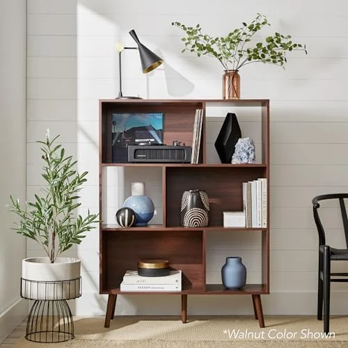 YFbiubiulife 3-Tier Mid-Century Modern Wooden Bookcase  6-Cube Organizer for Nursery   Room  Living Room  w/Removable Back Panels  Pine Legs - Walnut