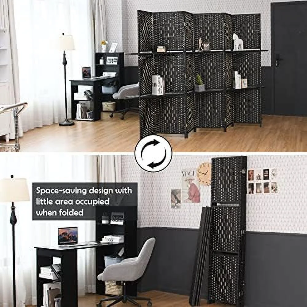 MQLIFEBOOM 6Ft 6 Panel Room Divider with Shelves  Freestanding -Woven Rattan Folding Privacy Screens for Room Separation  Wooden Partition Room Divider Wall for Home Office Studio Separat