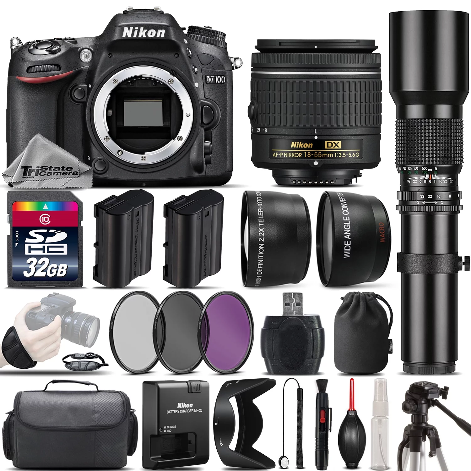 Nikon D7100 DSLR Camera + Nikon 18-55mm Lens + 500mm Telephoto Lens - 32GB Kit