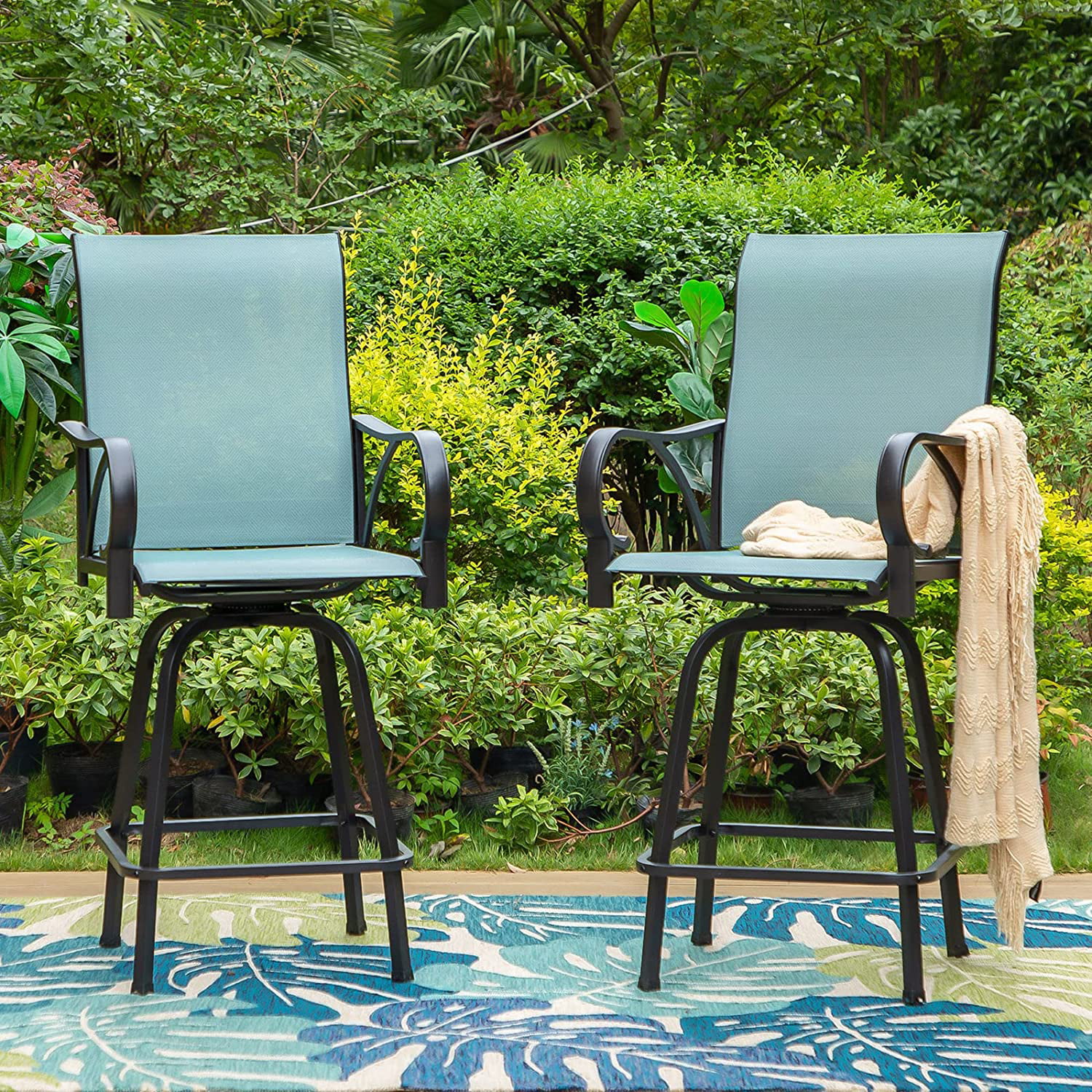 2 PCS Patio Swivel Bar Stool (Blue) Outdoor Bar Height Chairs with Armrest, All-Weather Furniture Sling Fabric Waterproof and Quick-Drying for Lawn Garden