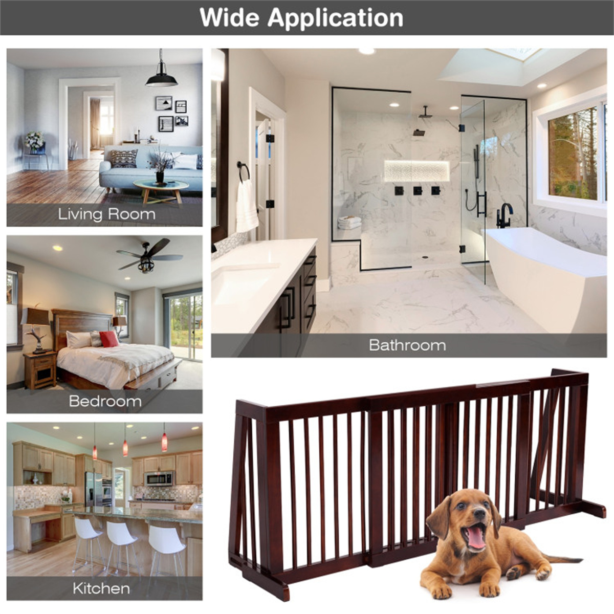 Wooden Pet Gate 3 Panels Freestanding Length Adjustable