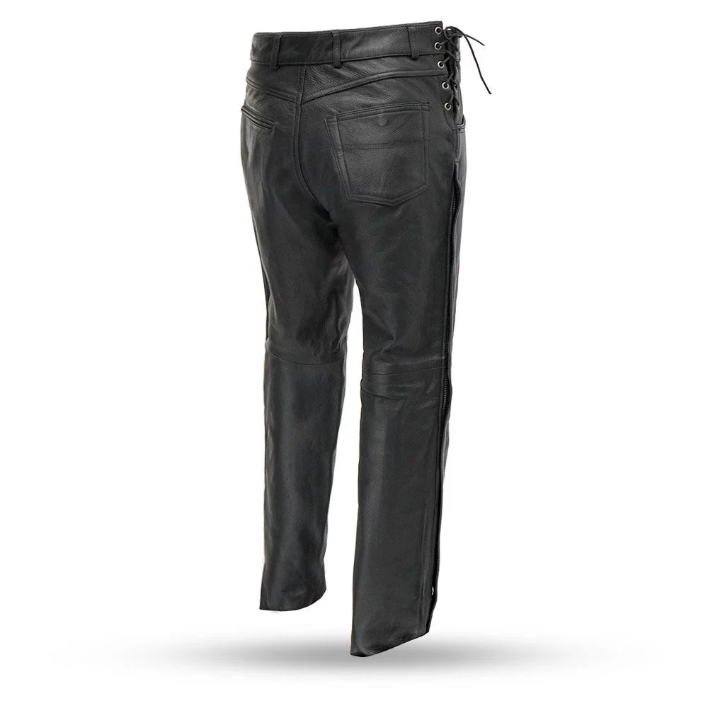 First Mfg Co - Baron - Men's Motorcycle Biker Riding Black Leather Pants - Size 42 - Side Lacing Detail Zipper Down The Legs