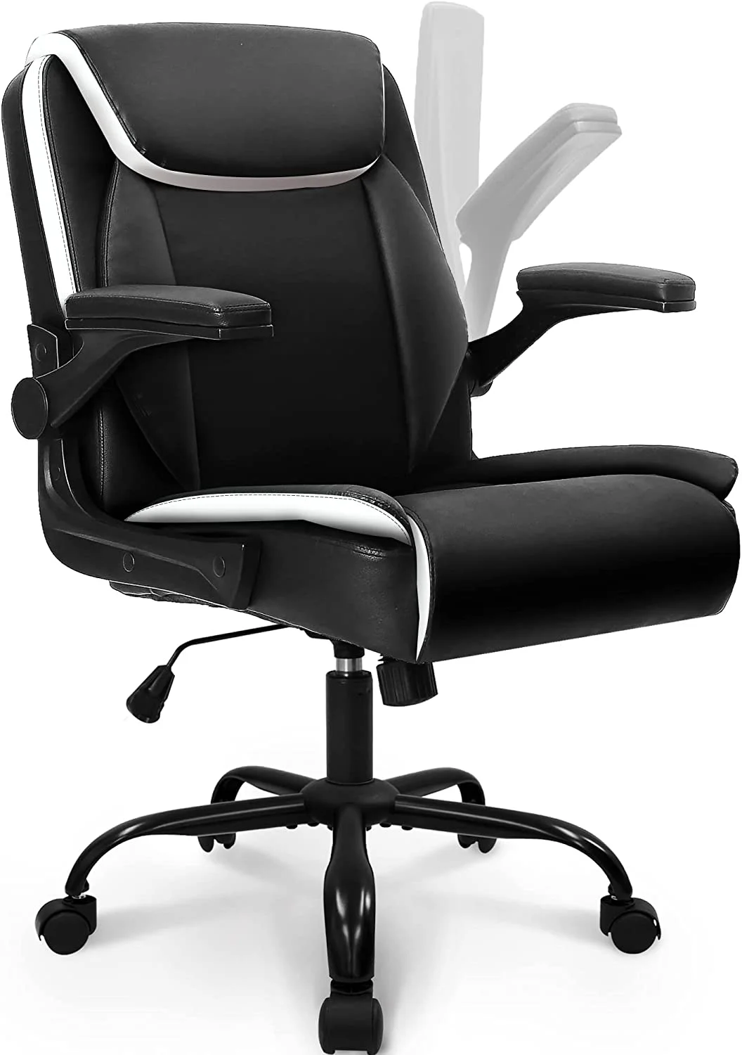 Office Chair Adjustable Desk Chair Mid Back Executive Comfortable PU Leather Ergonomic Gaming Back Support Home Computer with Flip-up Armrest Swivel Wheels (Black)